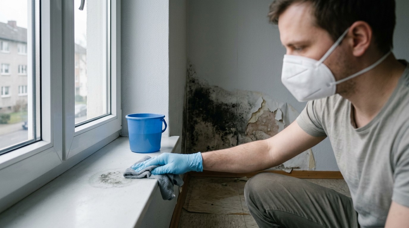 Bewohner mit Maske und Handschuhen wischt eine kleine Schimmelstelle an der Fensterlaibung, im Hintergrund ein großflächiger Feuchteschaden