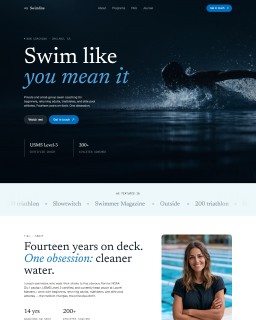 Swimline Framer template – swim coach website homepage with dark hero and athlete stats and about section right under it