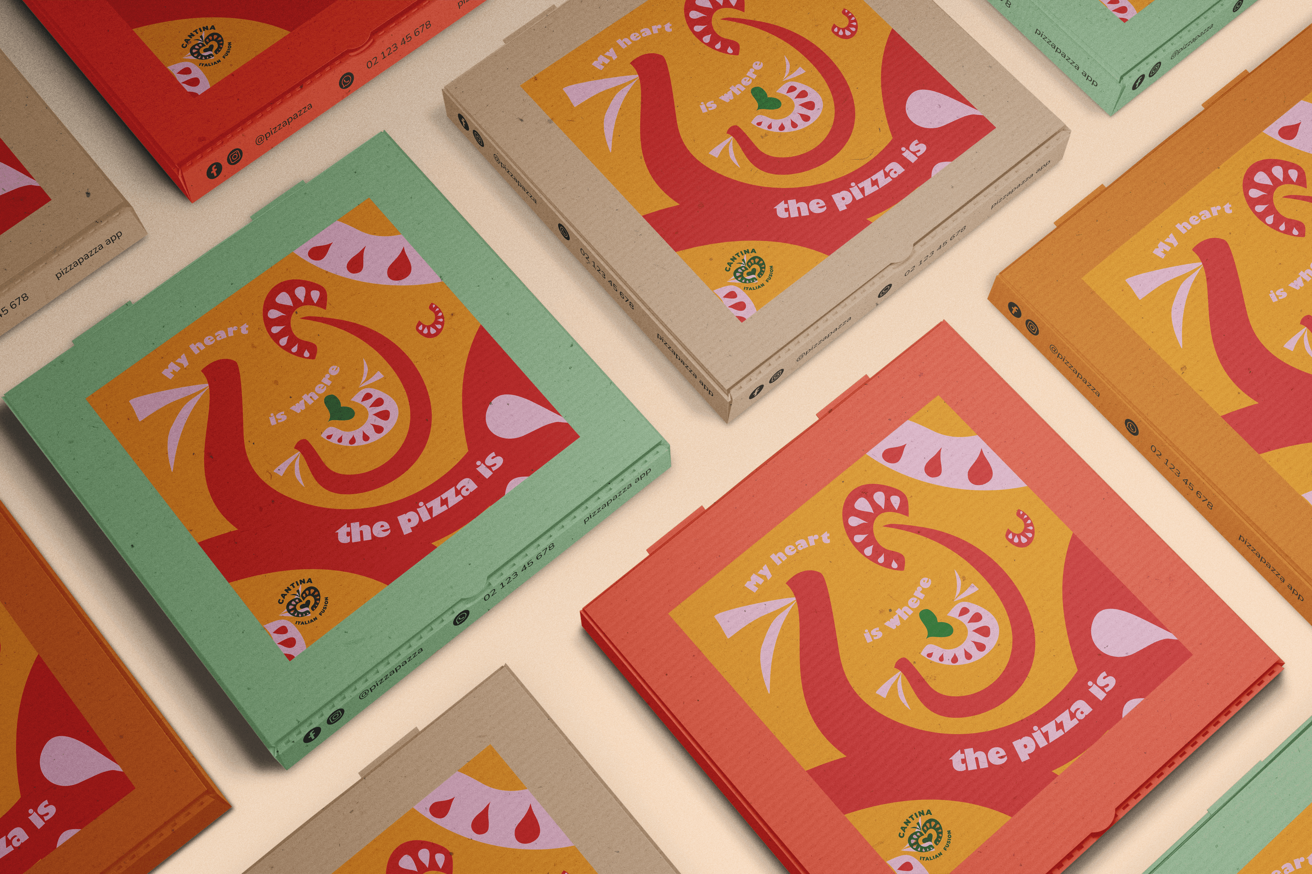 Patterned pizza box top view – Branded packaging for Cantina, Ireland.