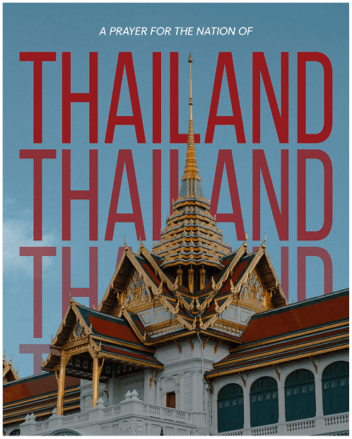 Thailand poster with bold stacked red typography and a temple facade visible at the bottom