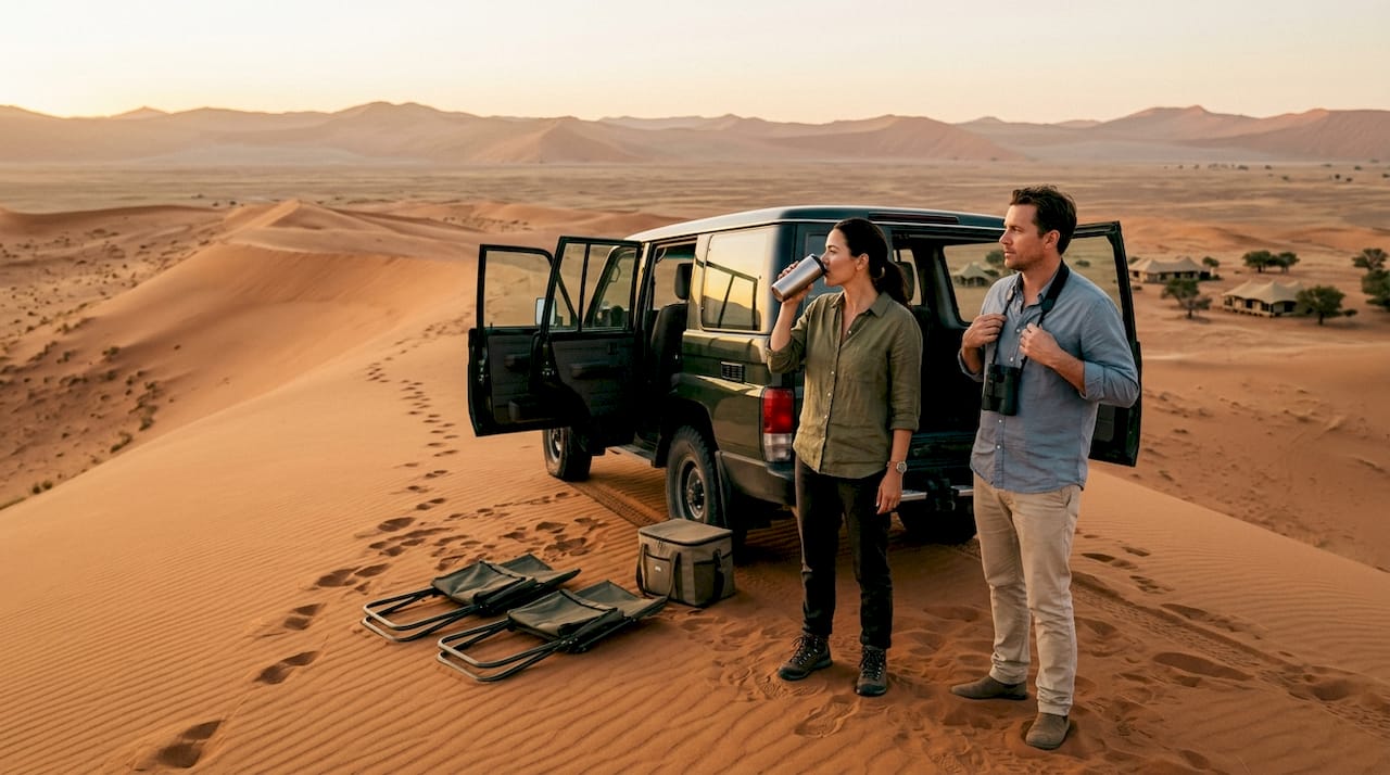 Couple enjoys sunrise luxury Namib Desert dunes