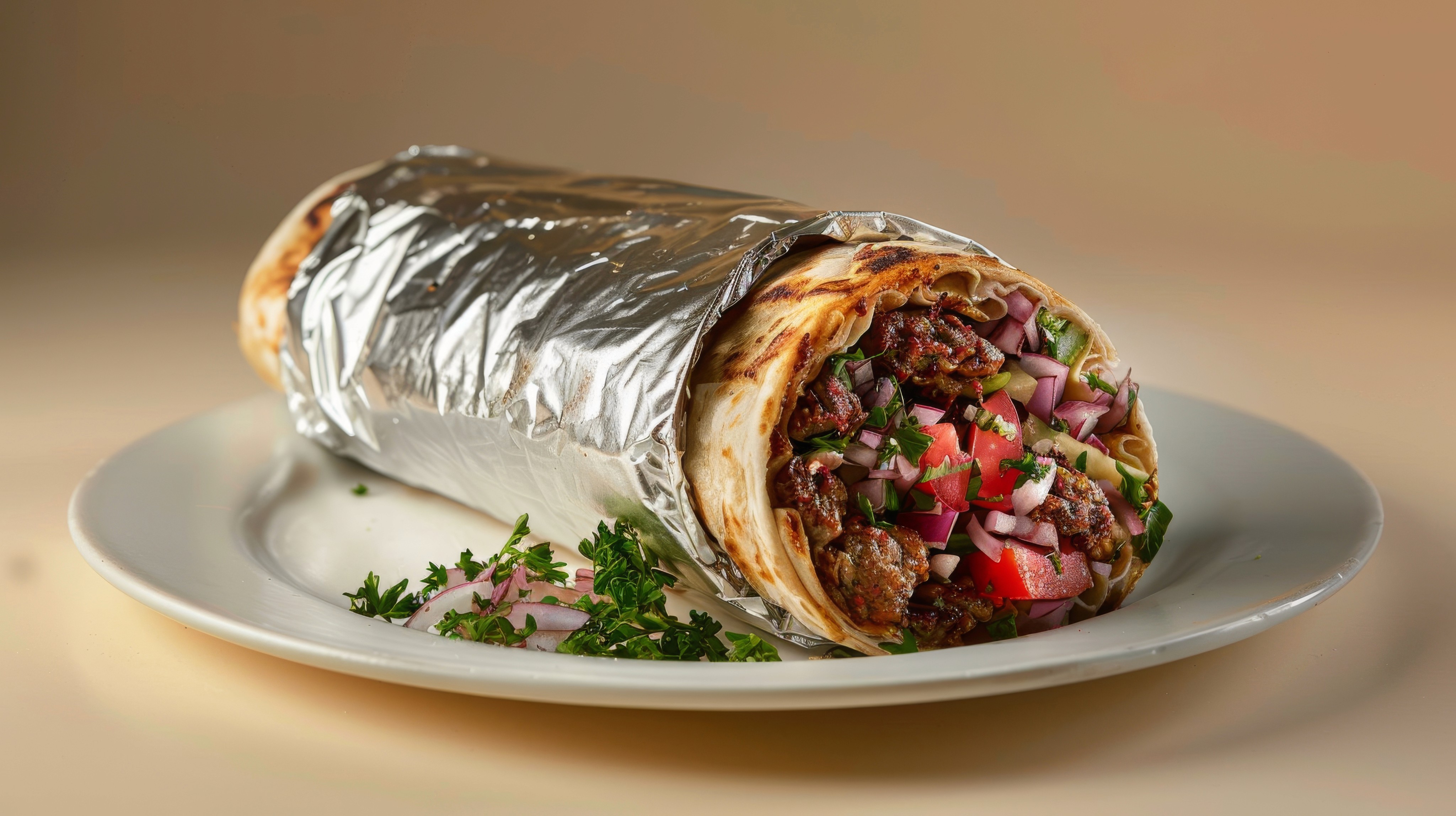 Close-up of a delicious-looking wrap, filled with richly seasoned meat and fresh vegetables, served on a white plate with extra onion and parsley garnishes.