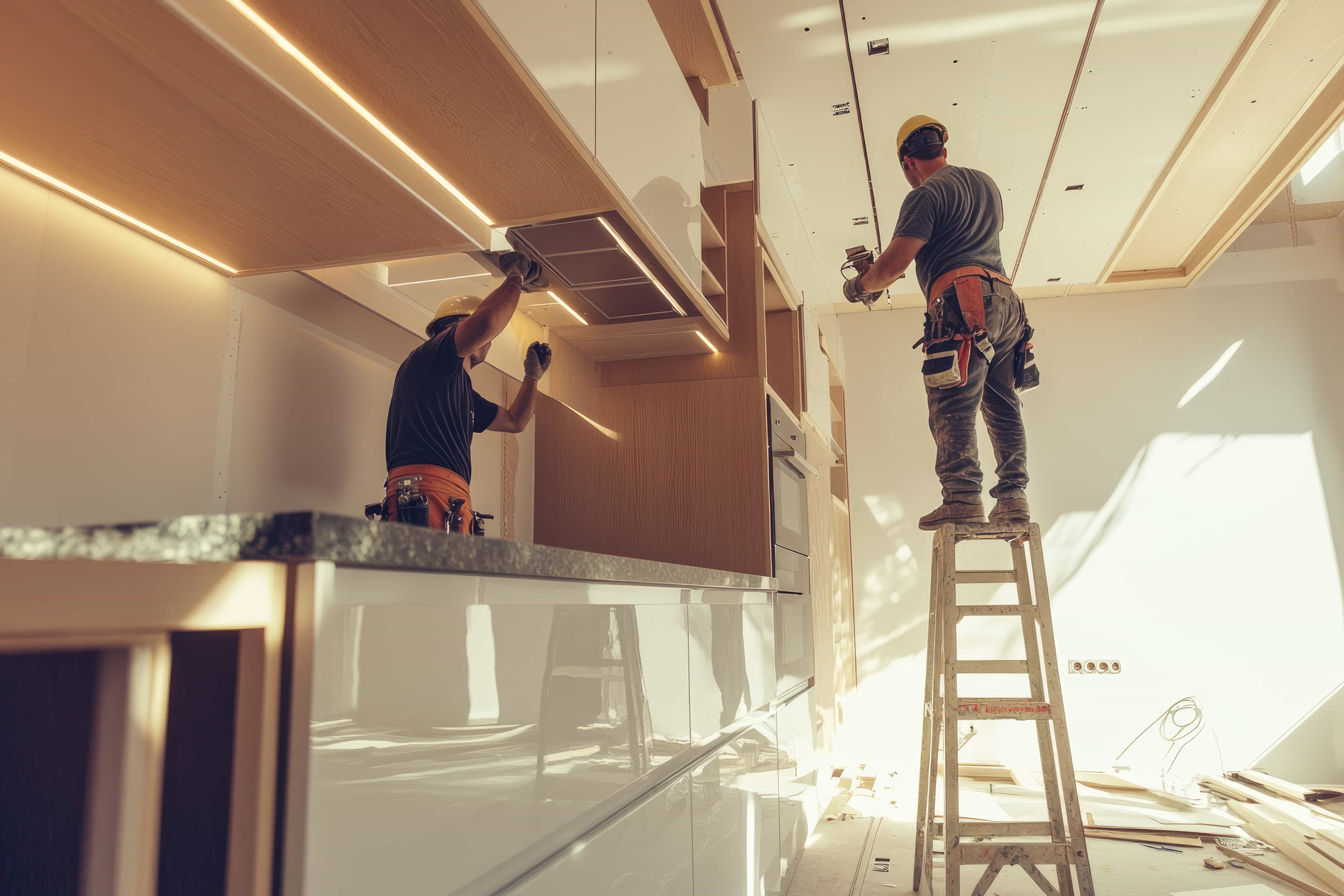workers-lifting-installing-with-maple-granite-counter-kitchen-cabinets