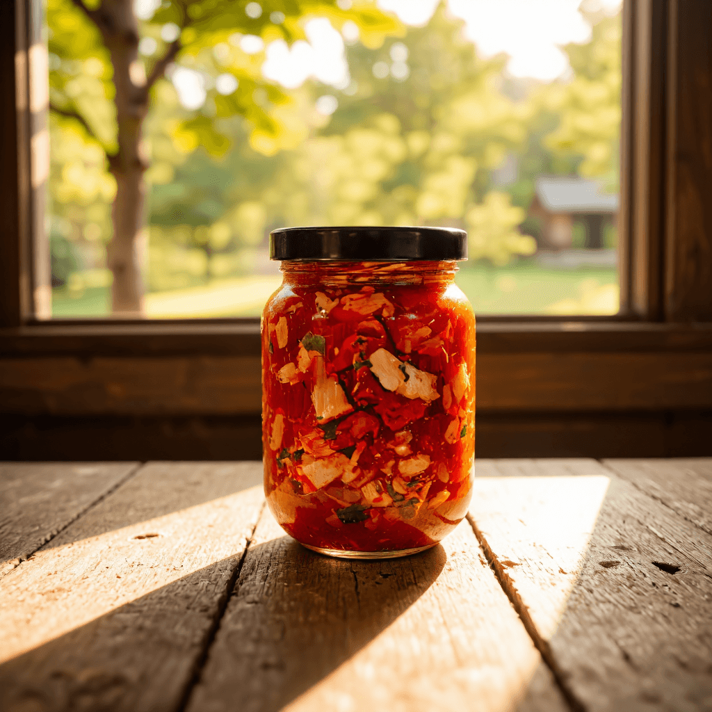 product photography of a jar of spicy Korean kIMCHI