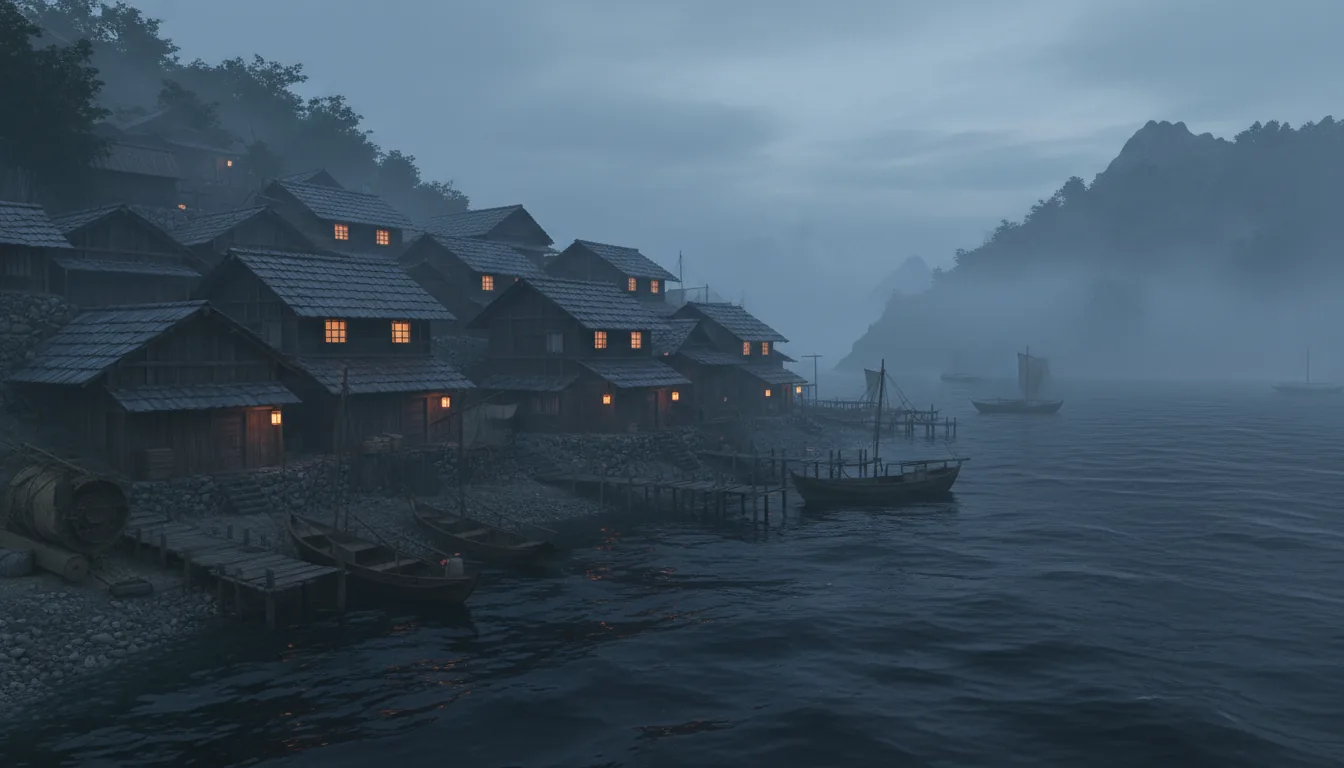3D Render of a misty, feudal Japanese fishing village at dusk, created in Autodesk Maya. The village features weathered dark wood houses with tiled roofs built on a steep hillside sloping down to a dark, choppy body of water. Soft global illumination from an overcast sky creates a moody, cool atmosphere, contrasted by the warm, glowing light from lanterns inside the windows. Small wooden fishing boats are moored at rickety docks and beached on the shore. The scene is cinematic, hyperrealistic, with heavy fog partially obscuring the hills in the background.