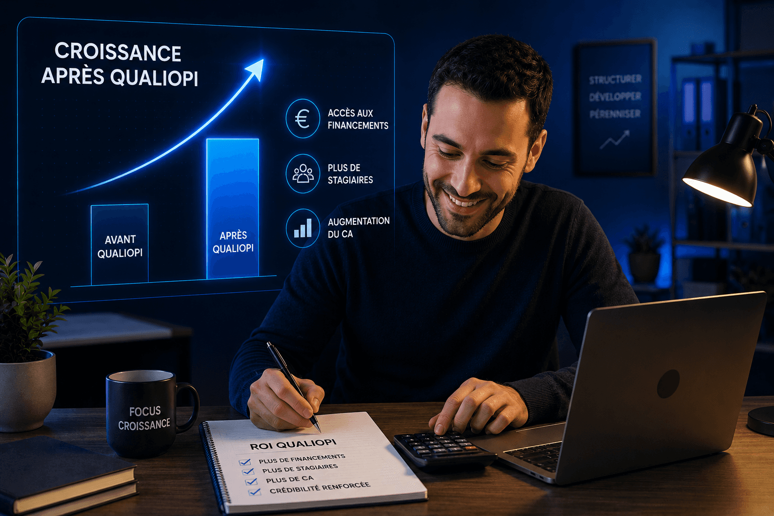 Illustration représentant les bénéfices de la certification Qualiopi pour un formateur indépendant : accès aux financements, augmentation du chiffre d'affaires, développement de l'activité et crédibilité renforcée.