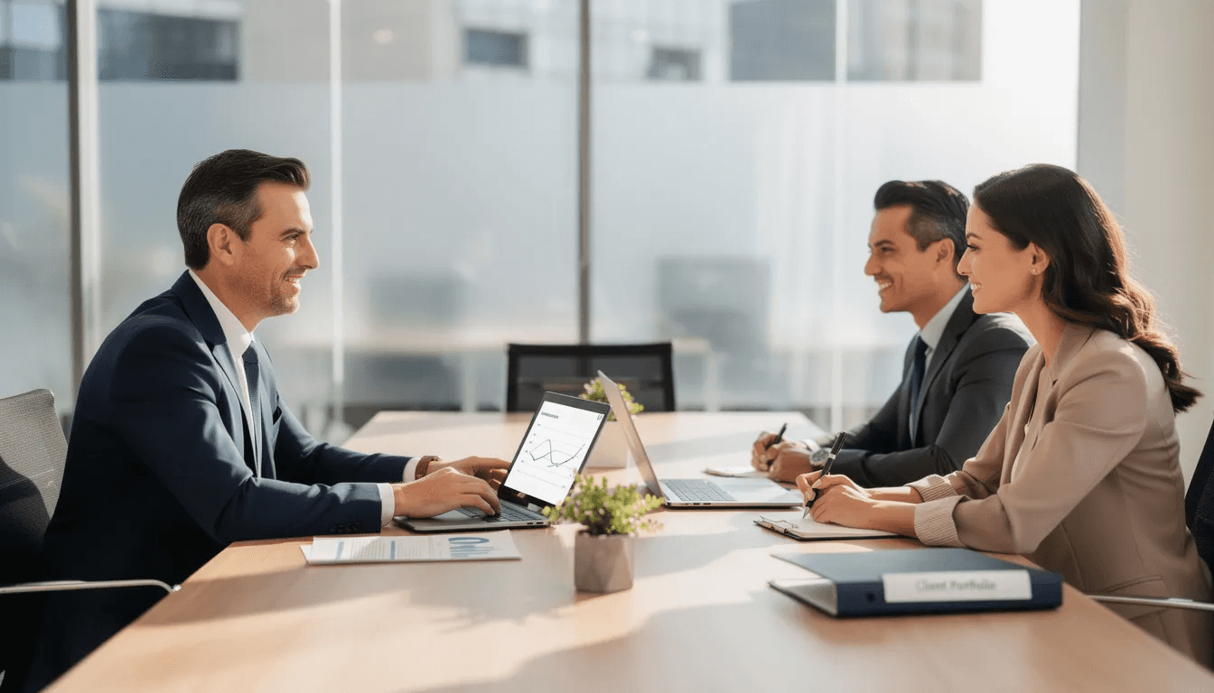 The image shows a professional advisor sitting at a conference table with clients in an office setting, discussing important matters related to estate and inheritance taxes. Papers and a laptop are visible on the table, indicating a focus on estate planning strategies and potential tax liabilities for the clients.