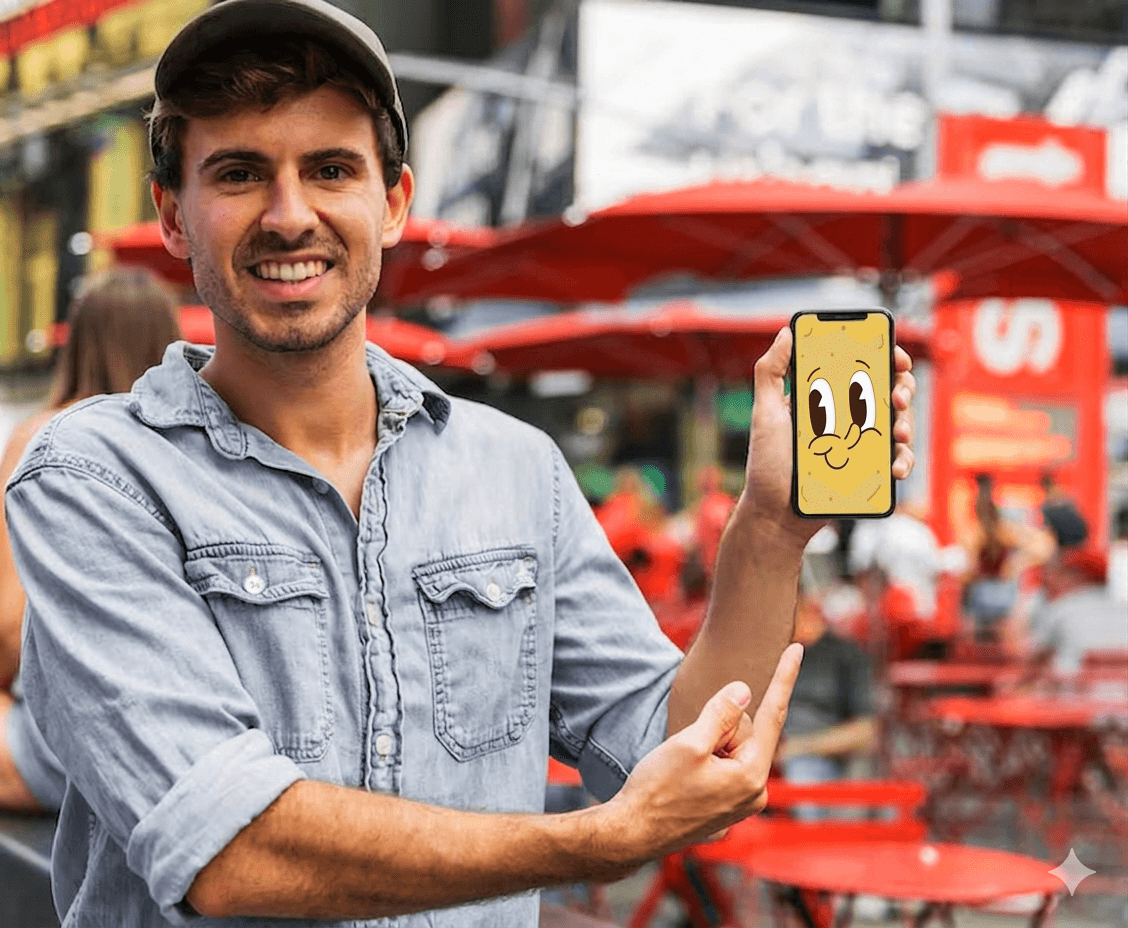 A smiling couple takes a selfie under a clear blue sky. The woman wears a red jacket, and the man, in a green top, holds a smartphone.