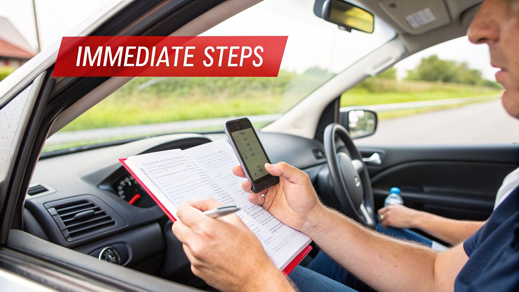 A person in a car, writing notes in a notebook and looking at a phone under an 'IMMEDIATE STEPS' banner.