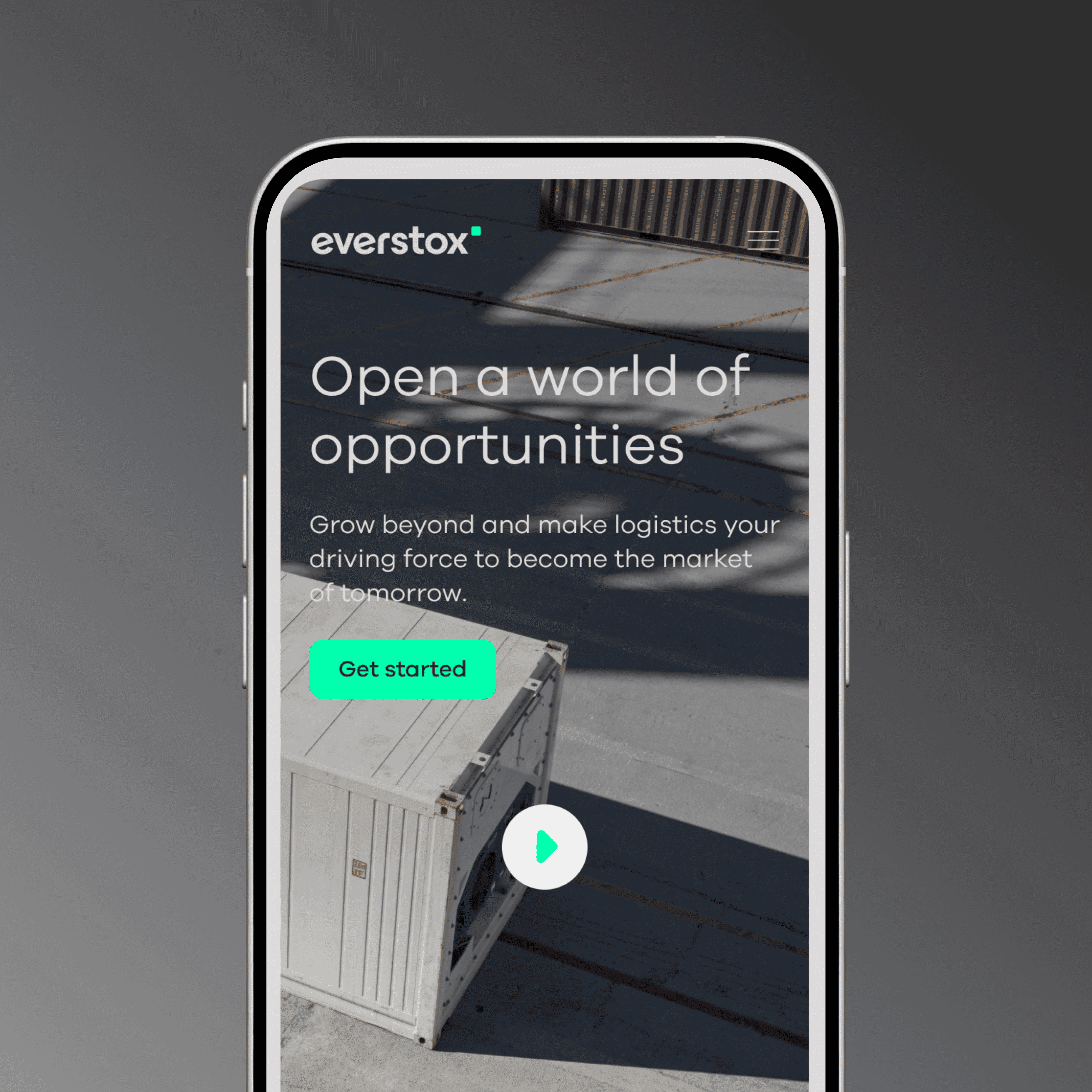 Everstox mobile app on a smartphone showing the 'Open a world of opportunities' section with a green CTA button and a warehouse image