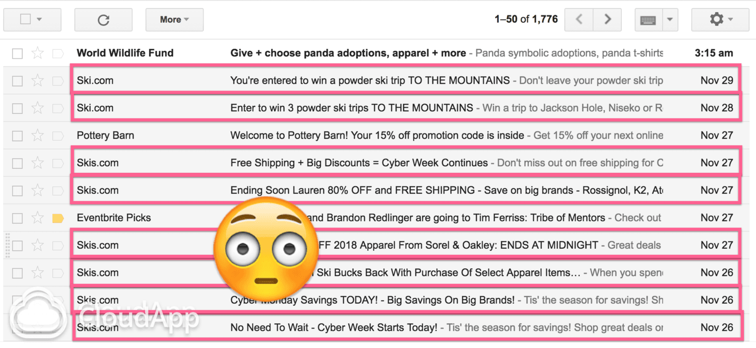 A screenshot of an email inbox showing 11 messages, with 8 of them from the same retailer, Ski.com