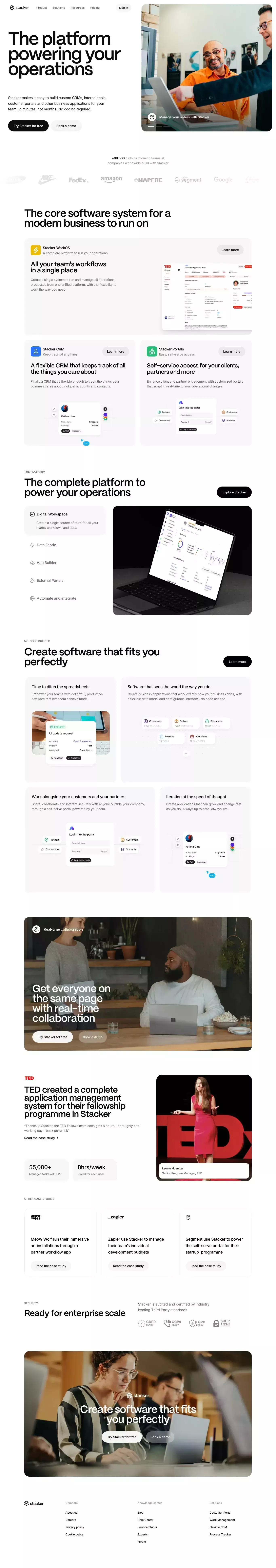Stacker landing page screenshot showcasing Tech and Marketing design