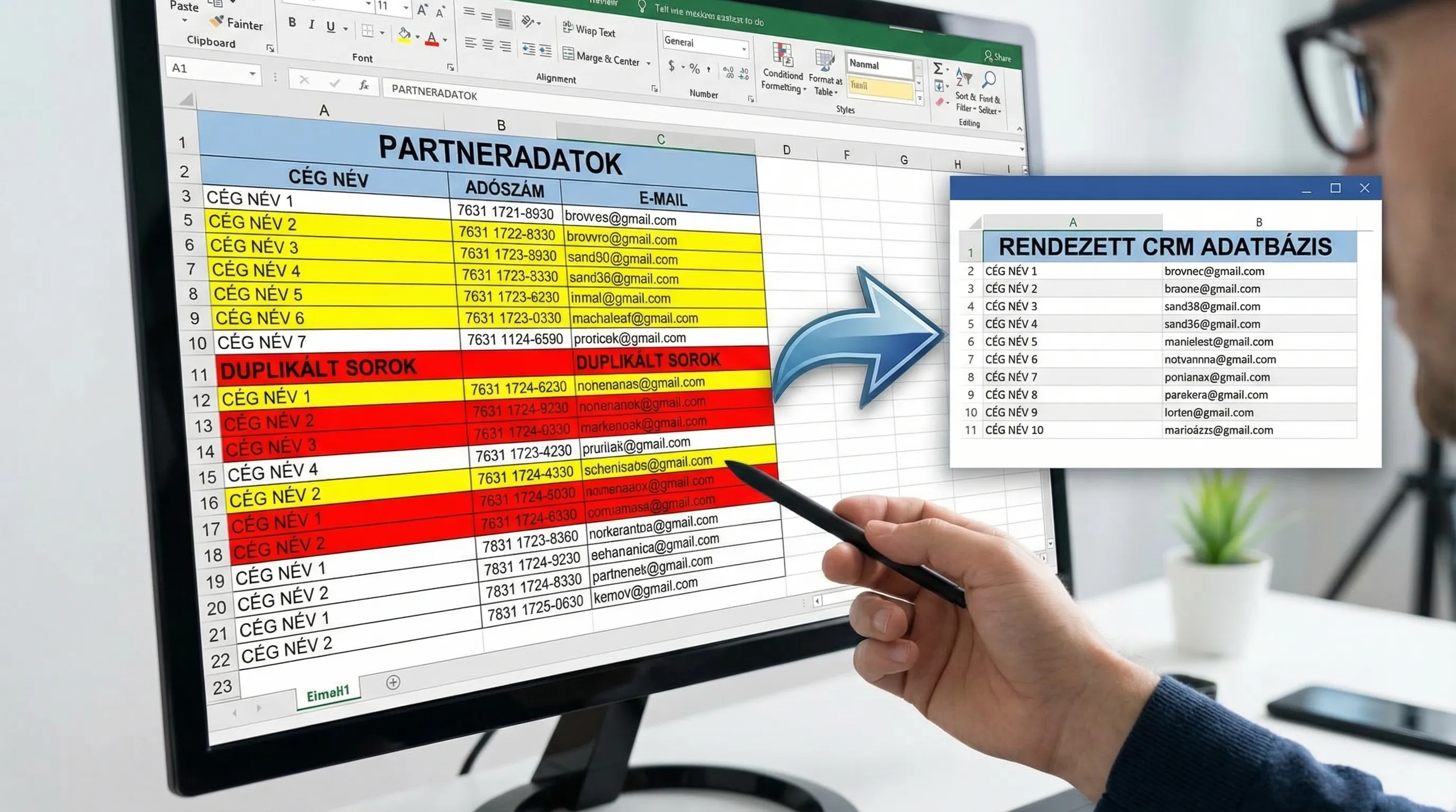 Adattisztítási jelenet: táblázat partneradatokkal, duplikált sorok kiemelve, egységesített mezők (cég név, adószám, e-mail), és egy nyíl, amely a rendezett CRM adatbázis felé mutat.