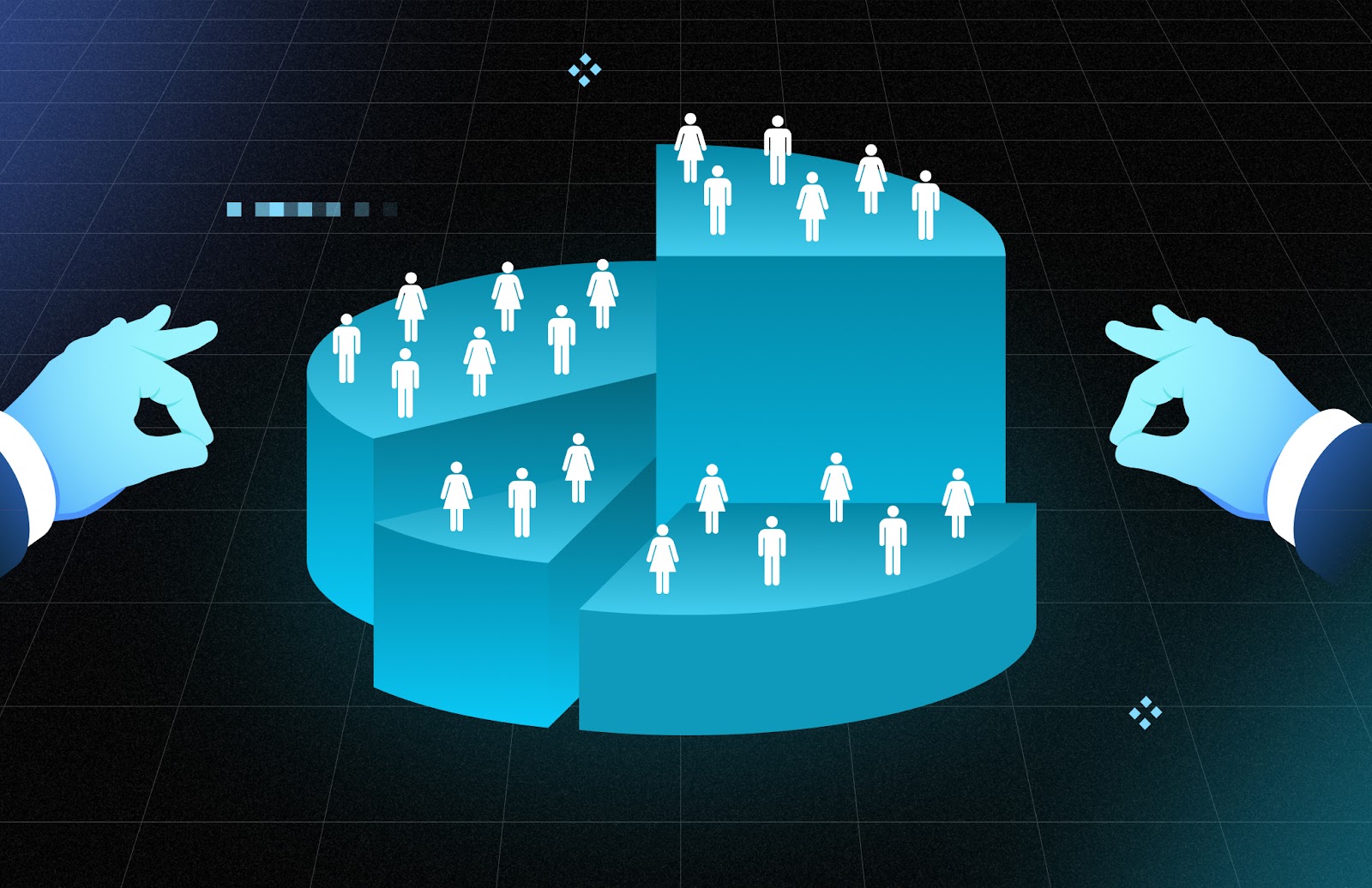 3D-Tortendiagramm mit Personenfiguren in Segmenten als Bild für Zielgruppensegmentierung im B2B