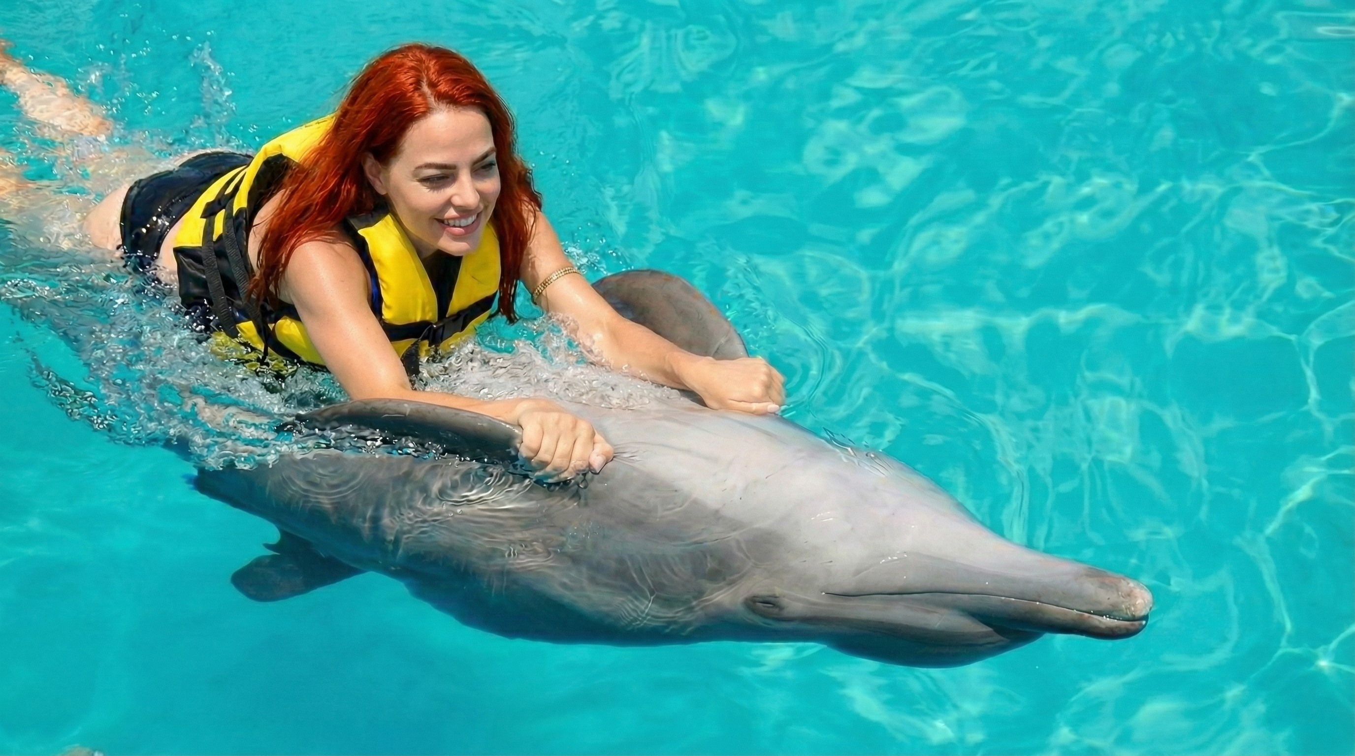 Happy woman in yellow life vest swims with a dolphin.
