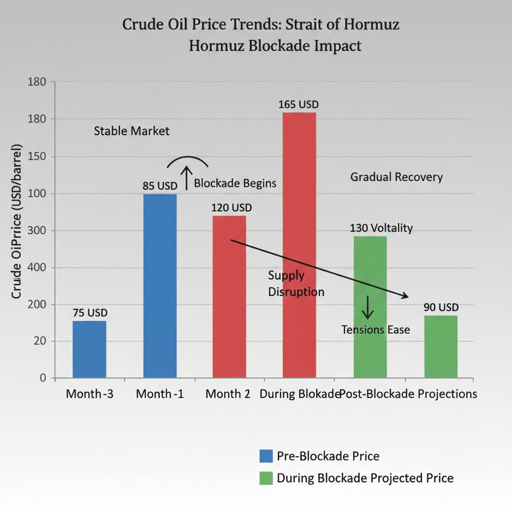 Bar chart demonstrating the severe price fluctuations of crude oil tied to the Strait of Hormuz blockade.