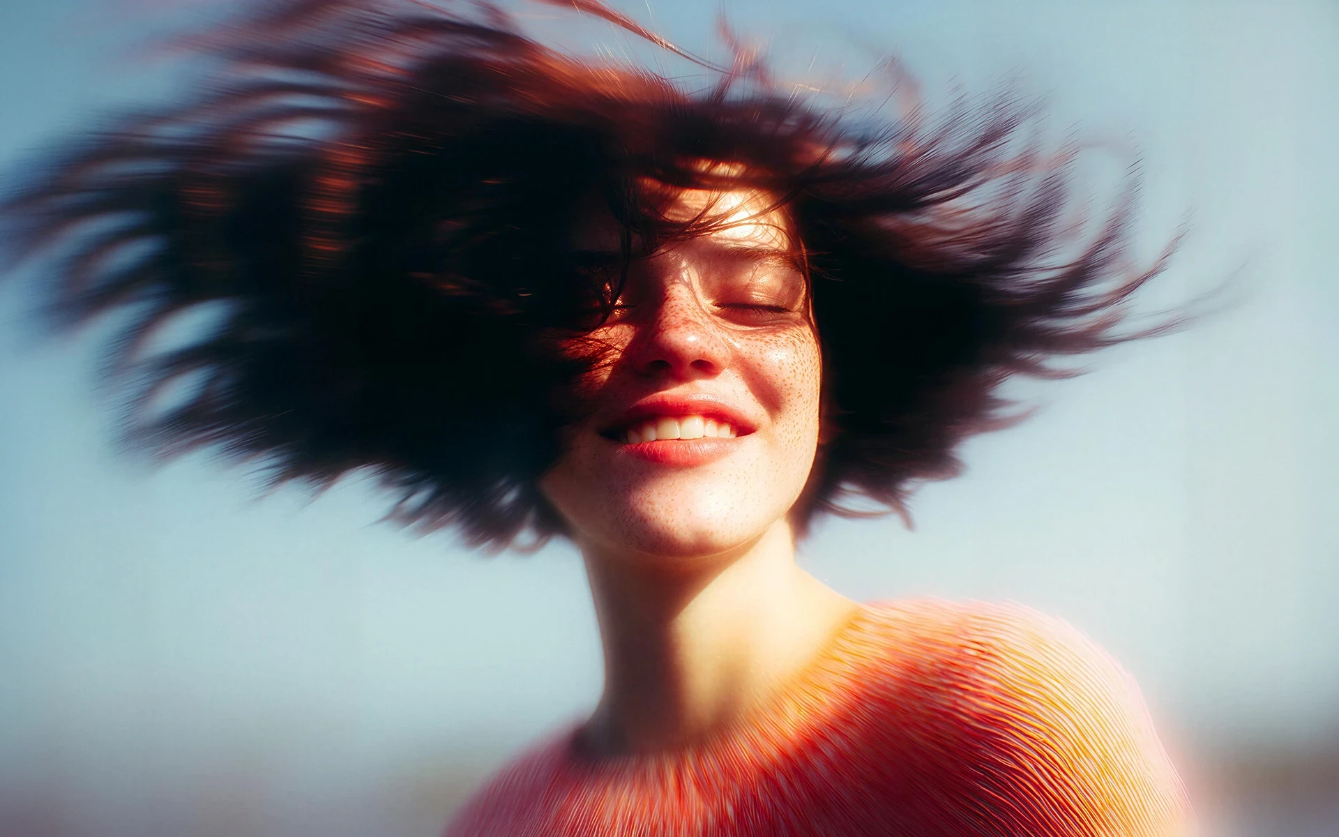 A person with auburn hair, freckles, and a bright smile in an orange sweater, basking in sunlight.