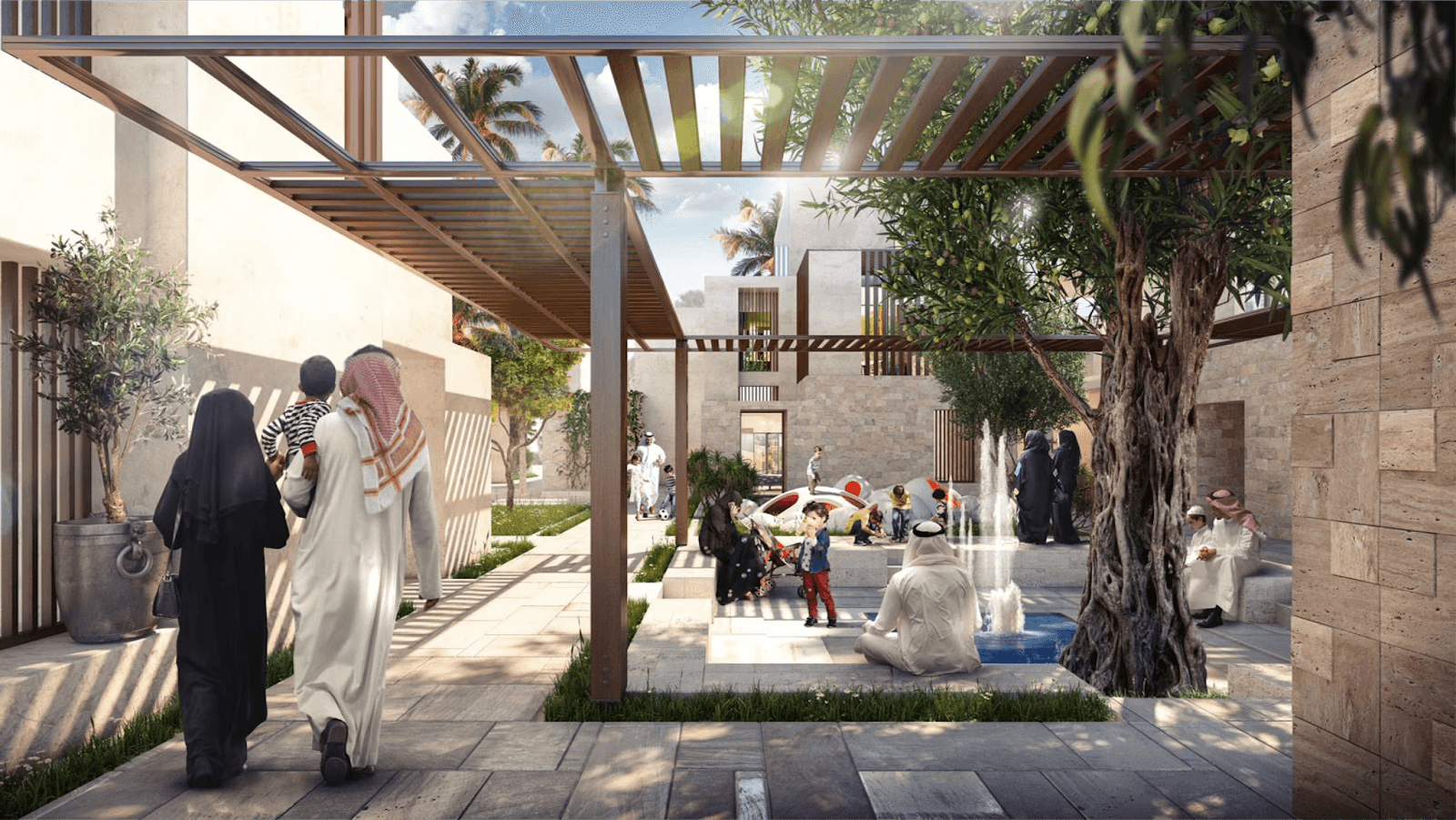 عائلات تتجول مع أطفالها في الممرات المشجرة داخل مشروع روشن الرياض.