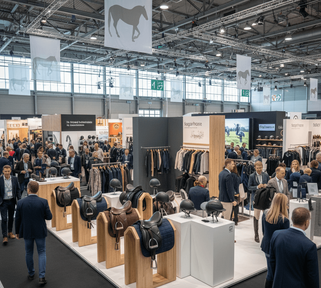 Equestrian product displays and trade visitors at spoga horse 2026 inside the Cologne Exhibition Center in Germany