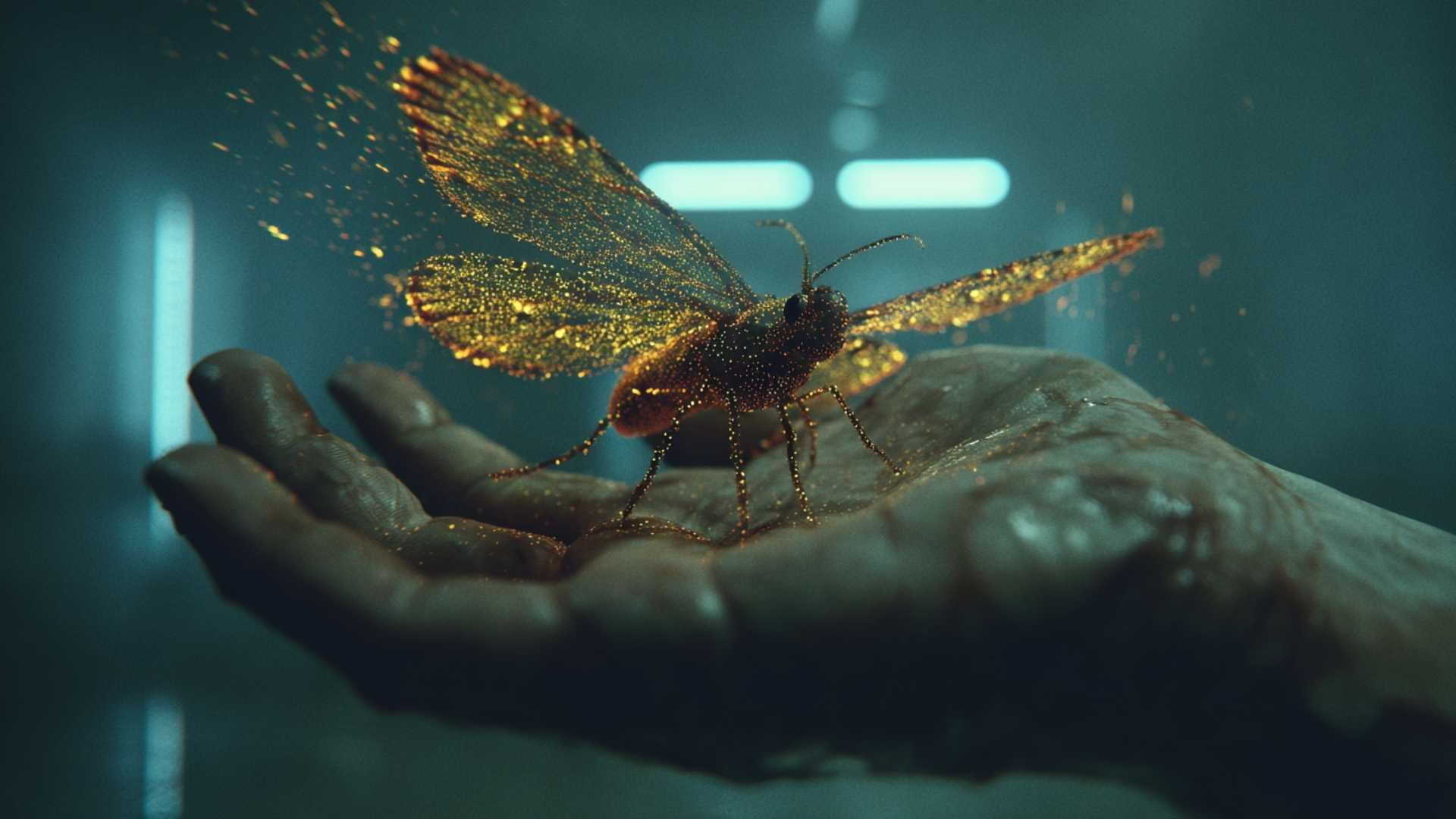 Extreme close-up of a hand feeling a holographic butterfly through ultrasound haptics, symbolizing the tactile revolution in Storyliving.