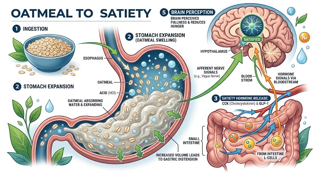 A medical infographic illustrating how oatmeal leads to satiety. It shows the five stages: 1) Ingestion of a bowl of oats; 2) Stomach expansion as oatmeal absorbs water, creating gastric distension; 3) The release of satiety hormones (CCK and GLP-1) from the small intestine; 4) Signal transmission to the brain via the vagus nerve and blood-borne hormones; 5) The brain perceives fullness and reduces hunger.