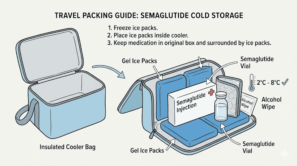 How to pack compounded semaglutide for travel with insulated cooler bag