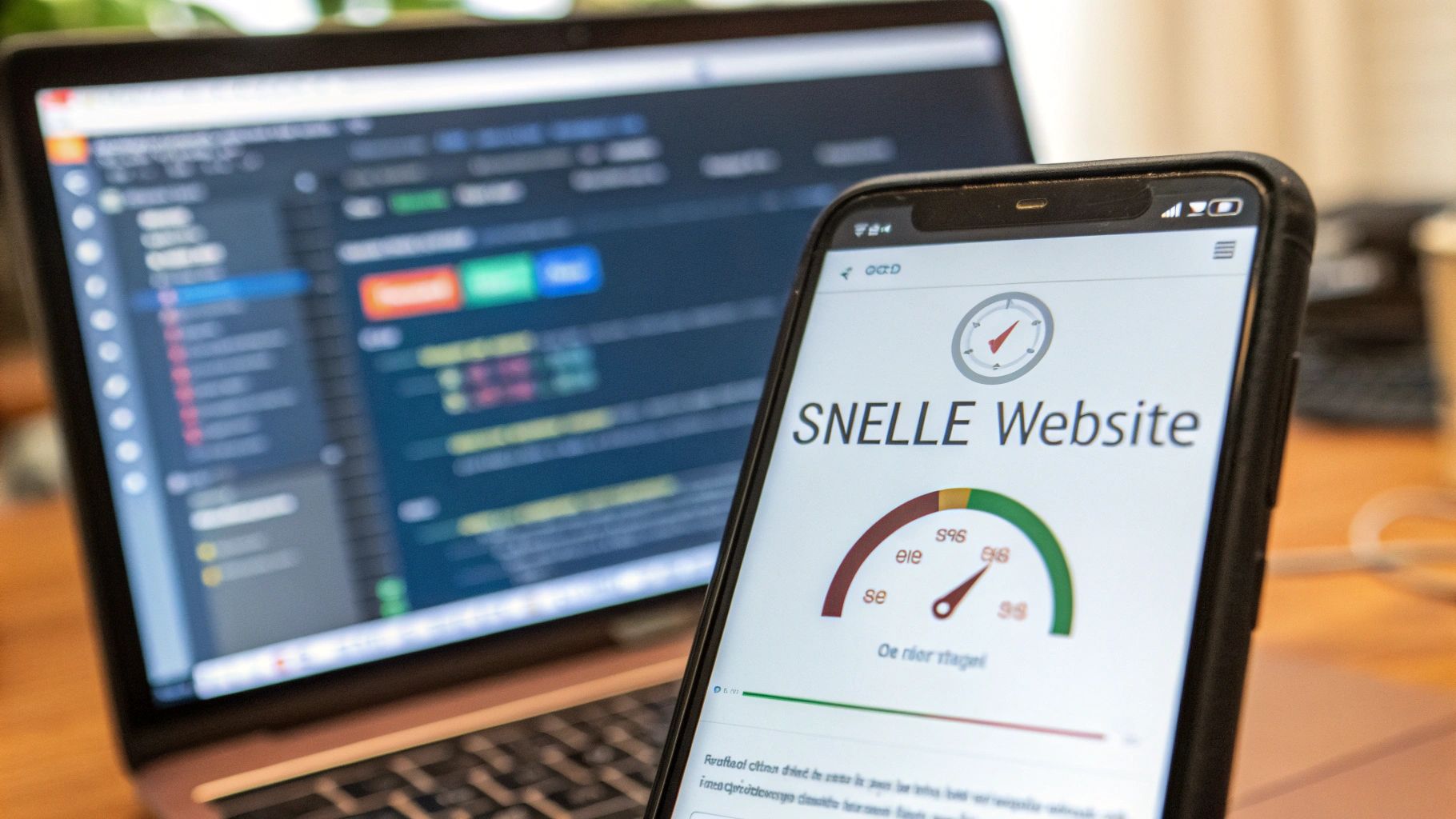 Smartphone toont een snelheidstest voor 'snelle website' naast een laptop met data of code.