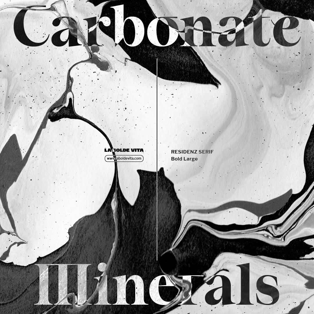 a vertically centered composition with sample words of Residenz Serif on a dynamic liquid background with hard contrast in all black and white