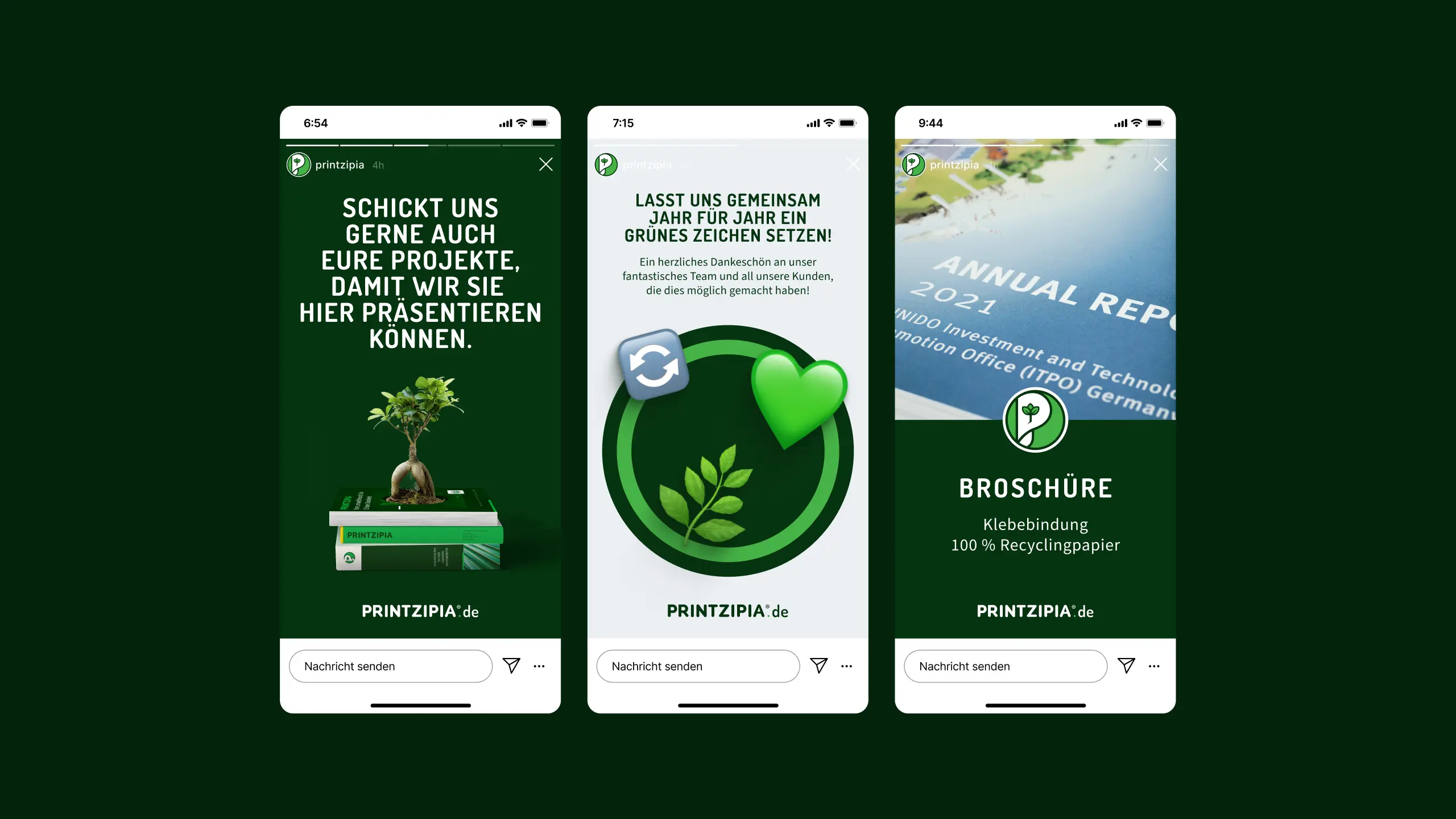 Drei Instagram-Story-Mockups zu Nachhaltigkeit und Kundenprojekten