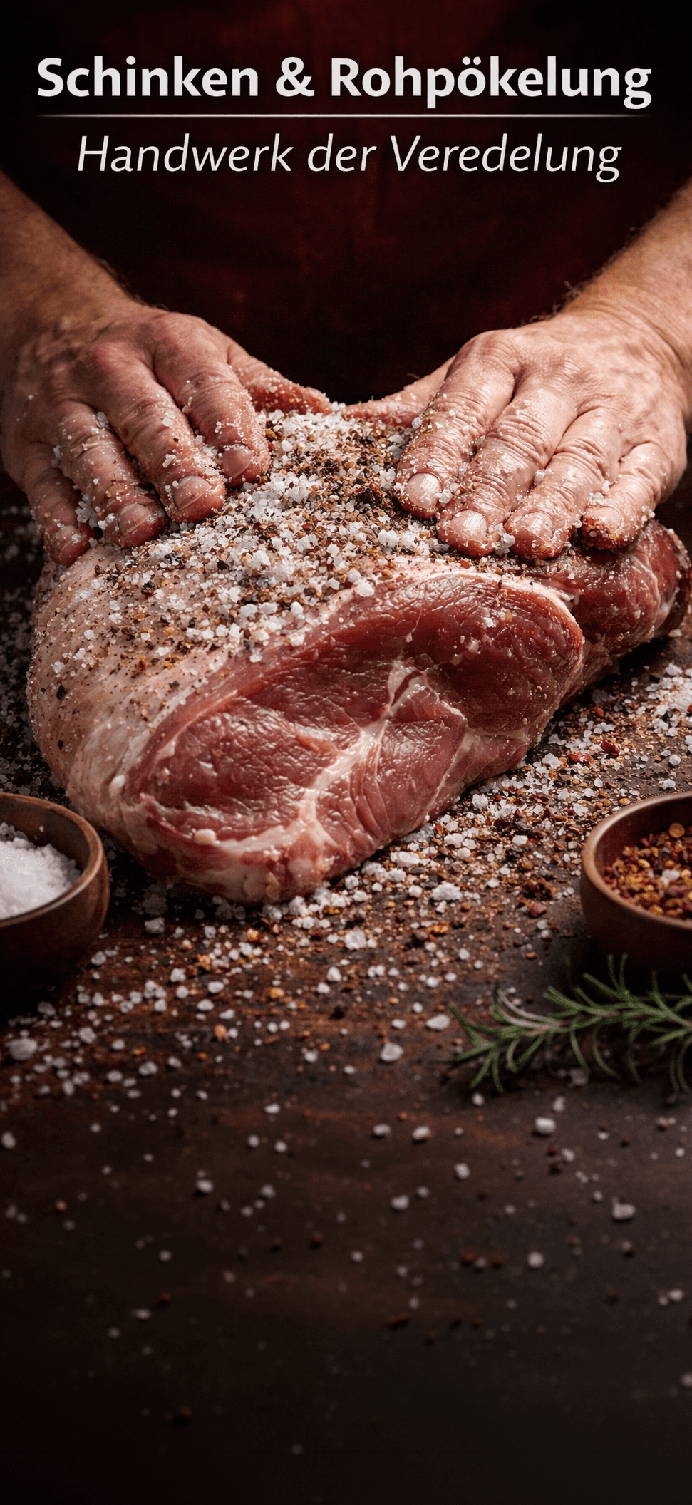Hände verteilen Salz und Gewürze auf einem Stück Fleisch