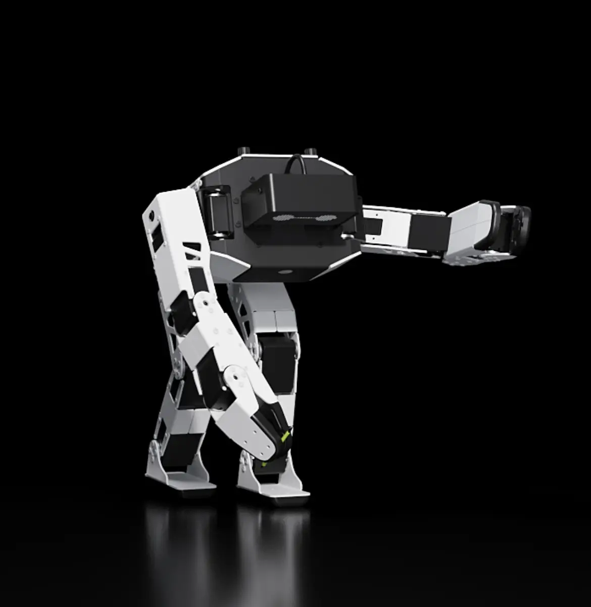 A black and white robotic figure with angular limbs and a reflective surface stands against a black background, showcasing advanced robotics design and engineering.