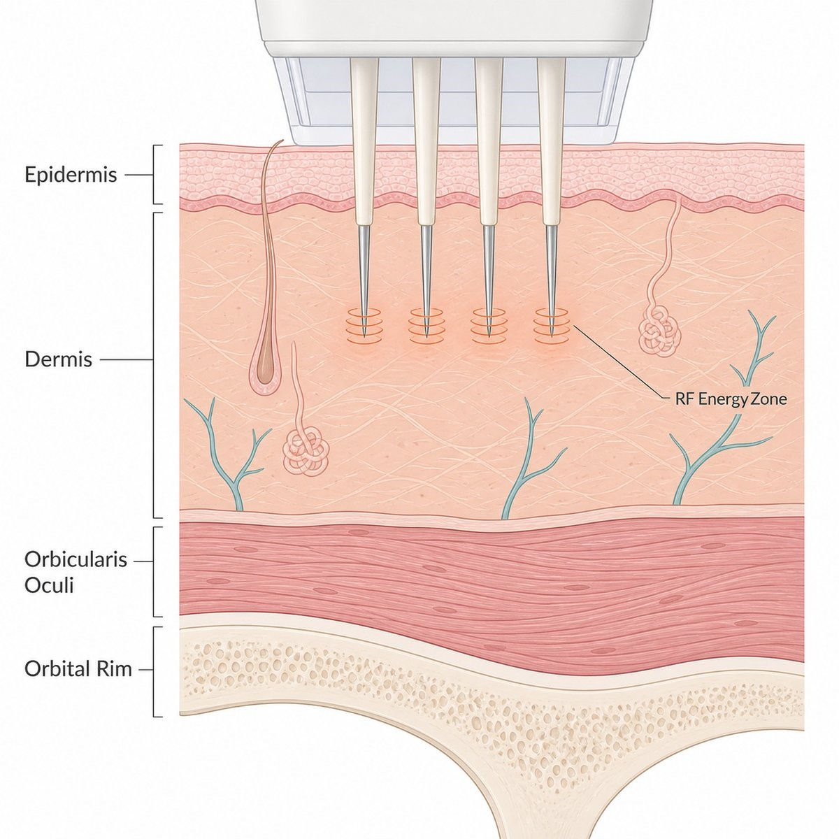 Diagram of RF microneedle penetration depth in the periorbital skin layer above the orbital rim