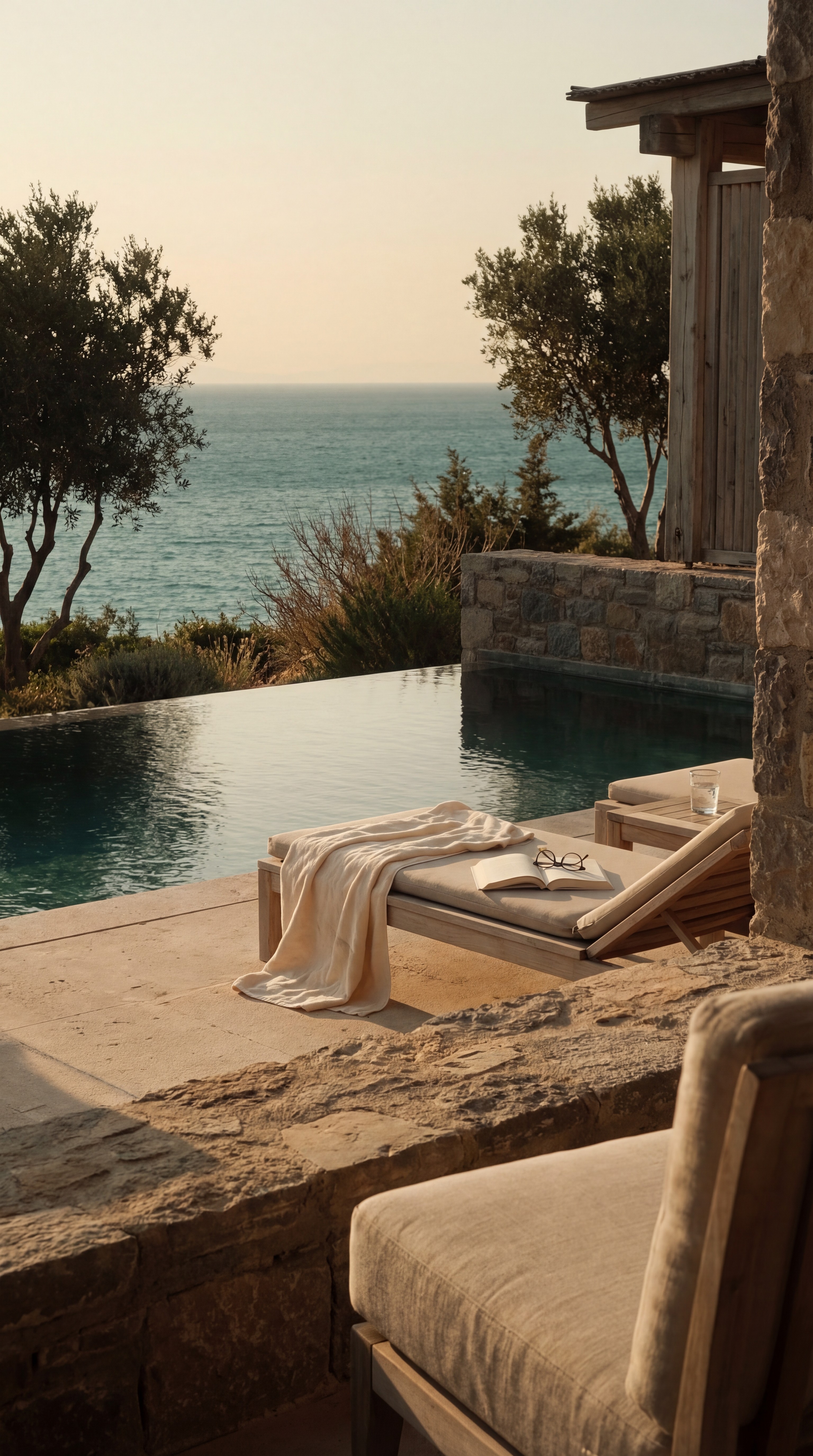Private luxury villa in Bodrum with infinity pool, sun lounger, and sea view terrace
