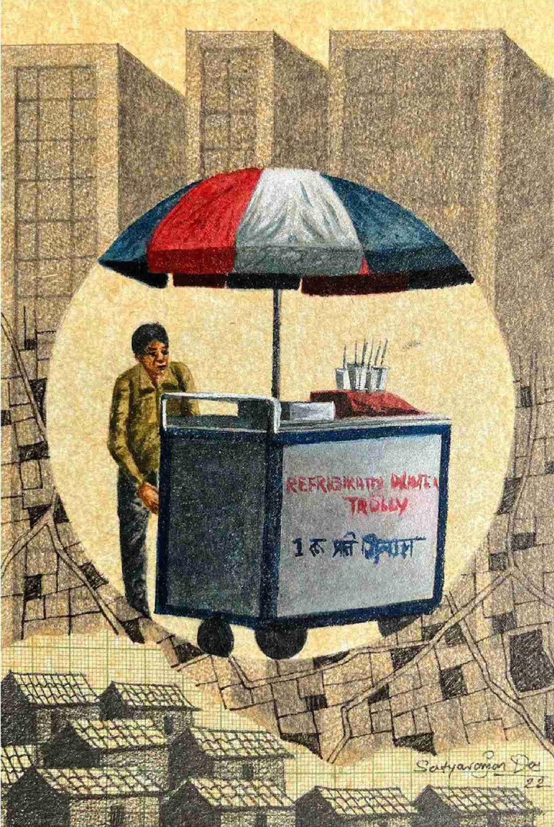 herd of sheep on road painting