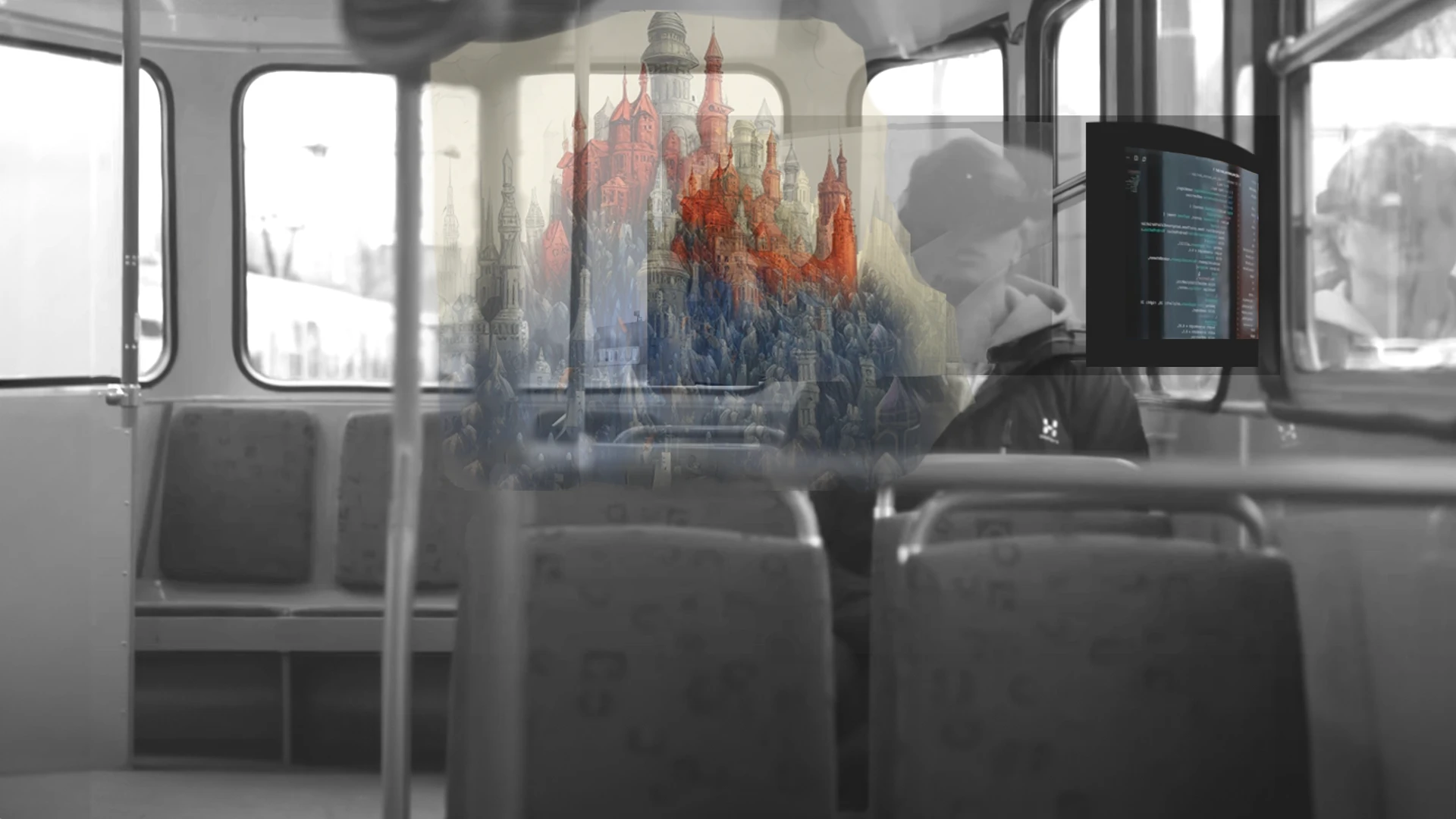 Concept rendering: a commuter on a bus with a holographic data display.