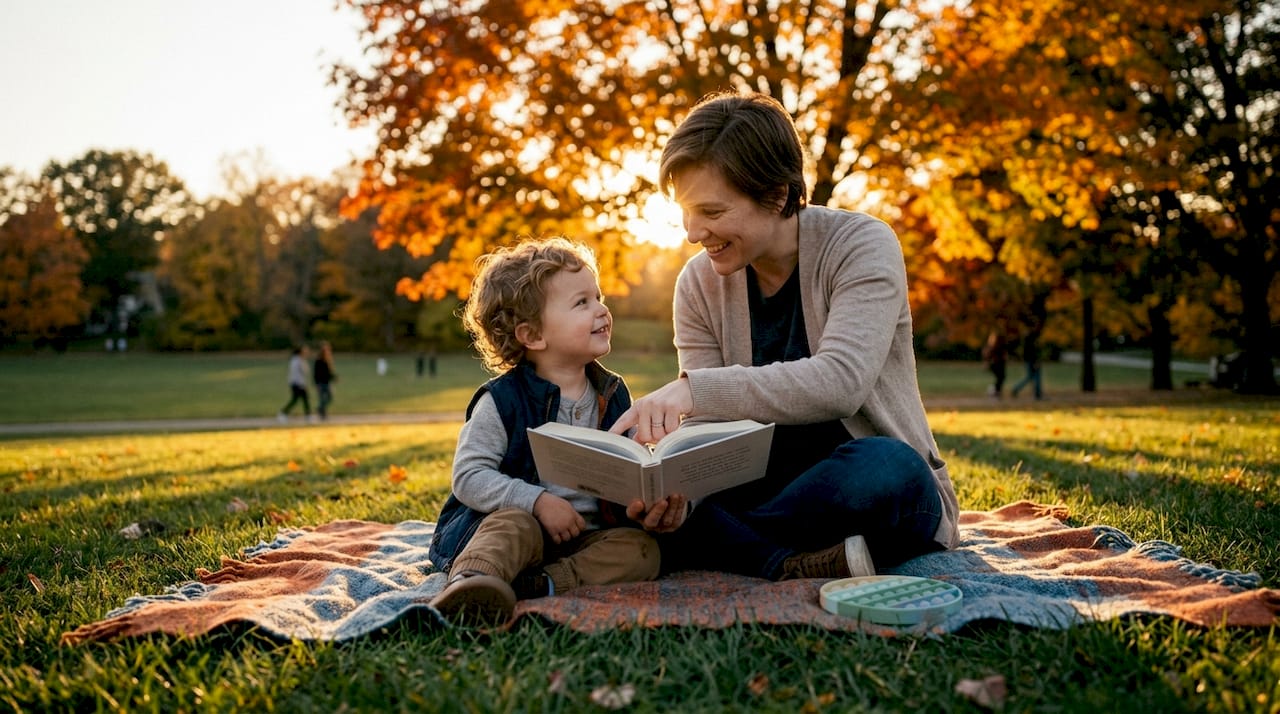 Parent and child reading together on a blanket in an autumn park