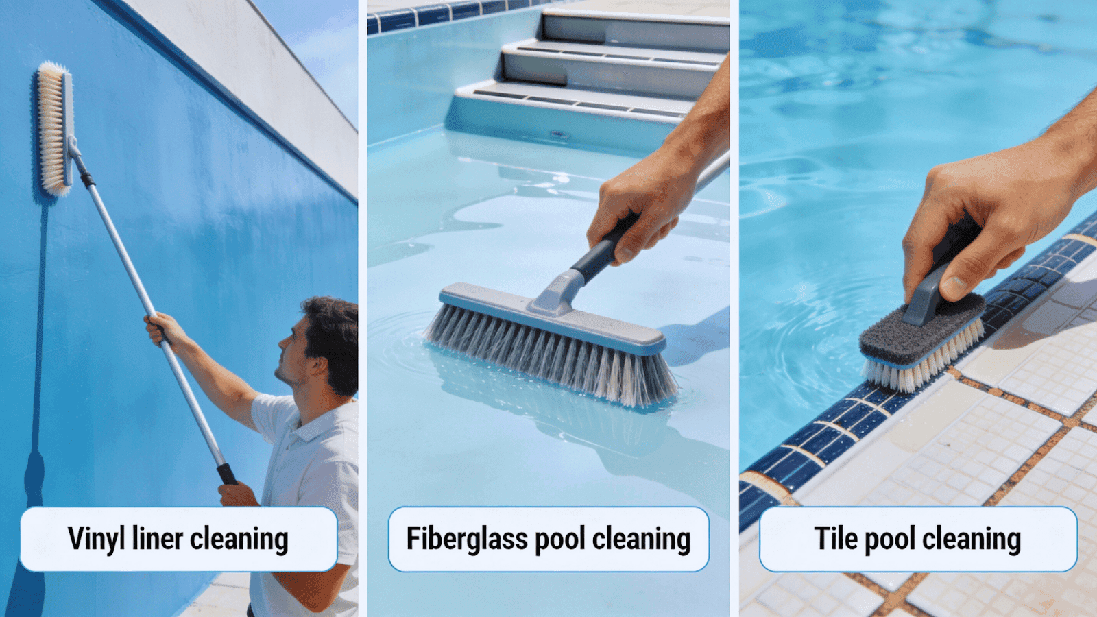 Proper cleaning techniques for vinyl, fiberglass, and tile pool liners