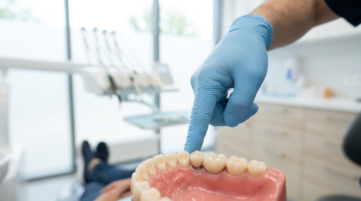 A patient indicates sore, swollen gums near a dental implant during an exam.