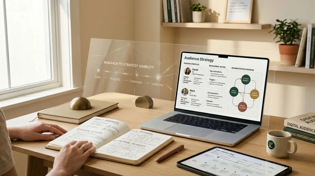 Mesa de trabajo con notas y diagramas que representan investigación de audiencia y definición del público objetivo.