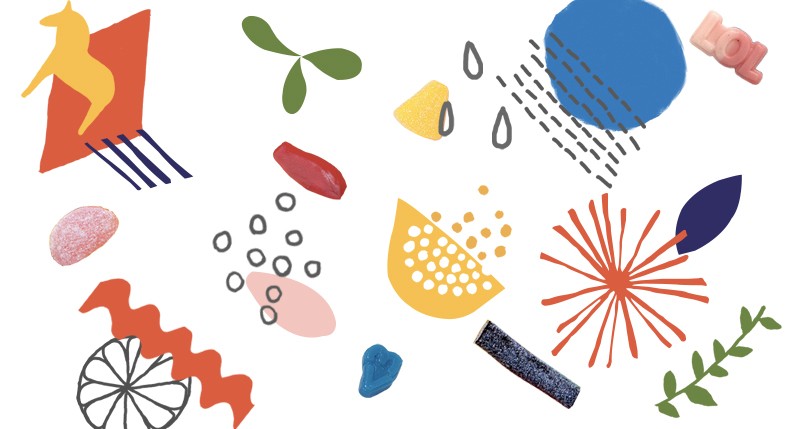 A set of colorful pictograms depicting plants, animals, shapes and patterns on them.