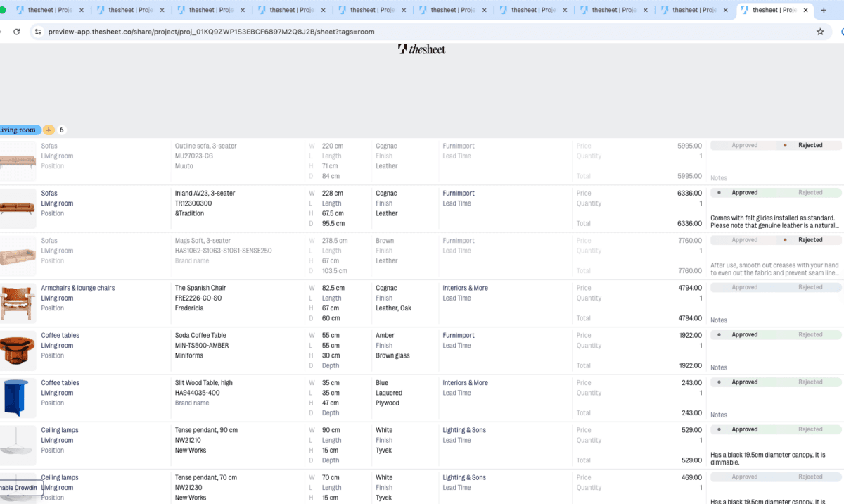 Client approval view with products and comments in thesheet