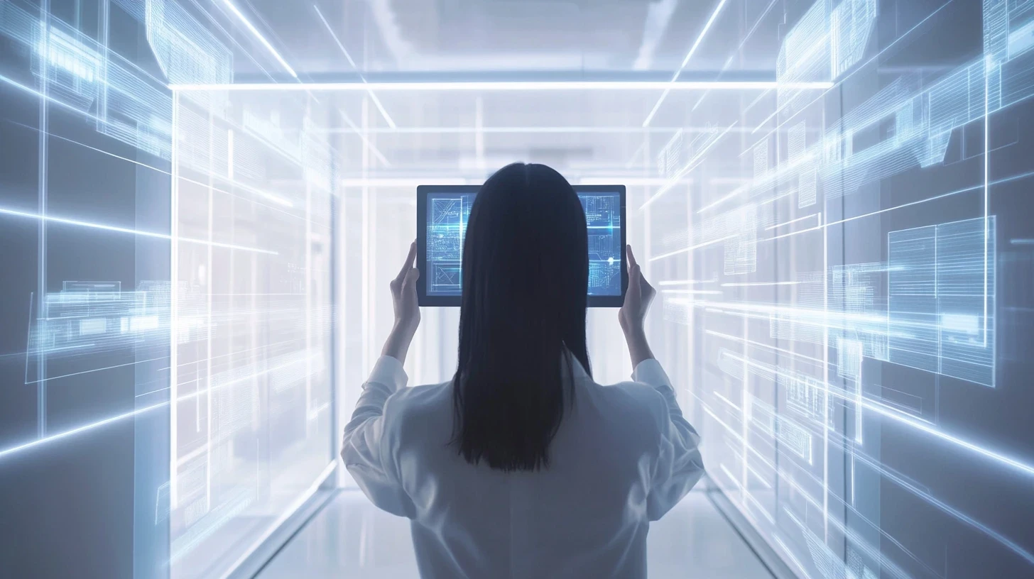 This image features a person holding a tablet in a high-tech environment, symbolizing the advancements in Web AR development. The digital overlays projected on the tablet screen and surrounding space highlight how AR development has evolved to integrate Augmented Reality software development into web-based platforms. The futuristic setting, with glowing digital lines and data floating in the air, reflects the role of Augmented Reality web developers in creating immersive AR experiences accessible through standard web browsers, bypassing the need for dedicated apps. This visual demonstrates the application of 8th Wall development technology, a leading platform in Web AR development, allowing users to engage with augmented content directly via mobile or desktop browsers. The intricate design and seamless interaction between the virtual and real worlds emphasize the importance of AR software in building scalable and interactive AR solutions for education, marketing, and enterprise. The image encapsulates the potential of Web AR development to revolutionize how users interact with augmented reality through easily accessible, web-based applications.