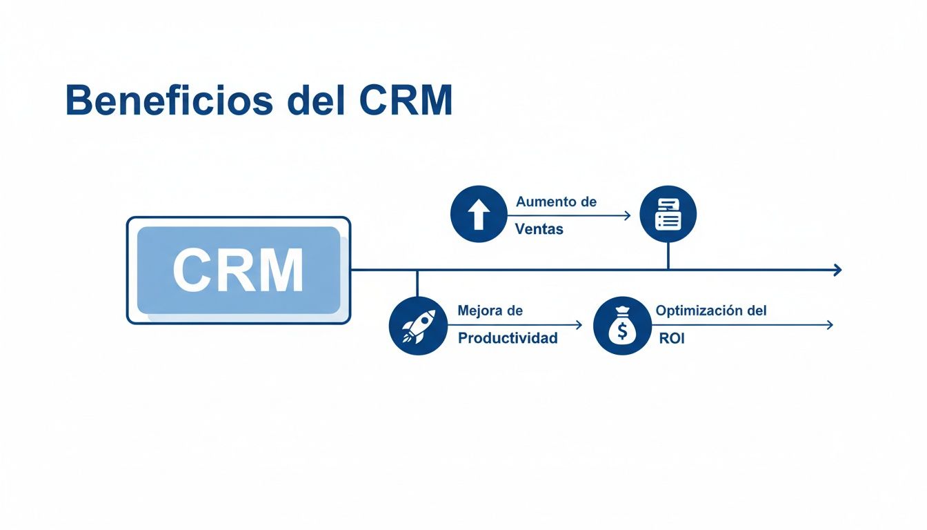 Diagrama visual que ilustra los principales beneficios del CRM, incluyendo aumento de ventas y optimización del ROI.