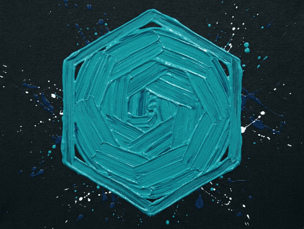 An abstract swirl of teal and orange colors resembling fluid motion or cosmic elements.