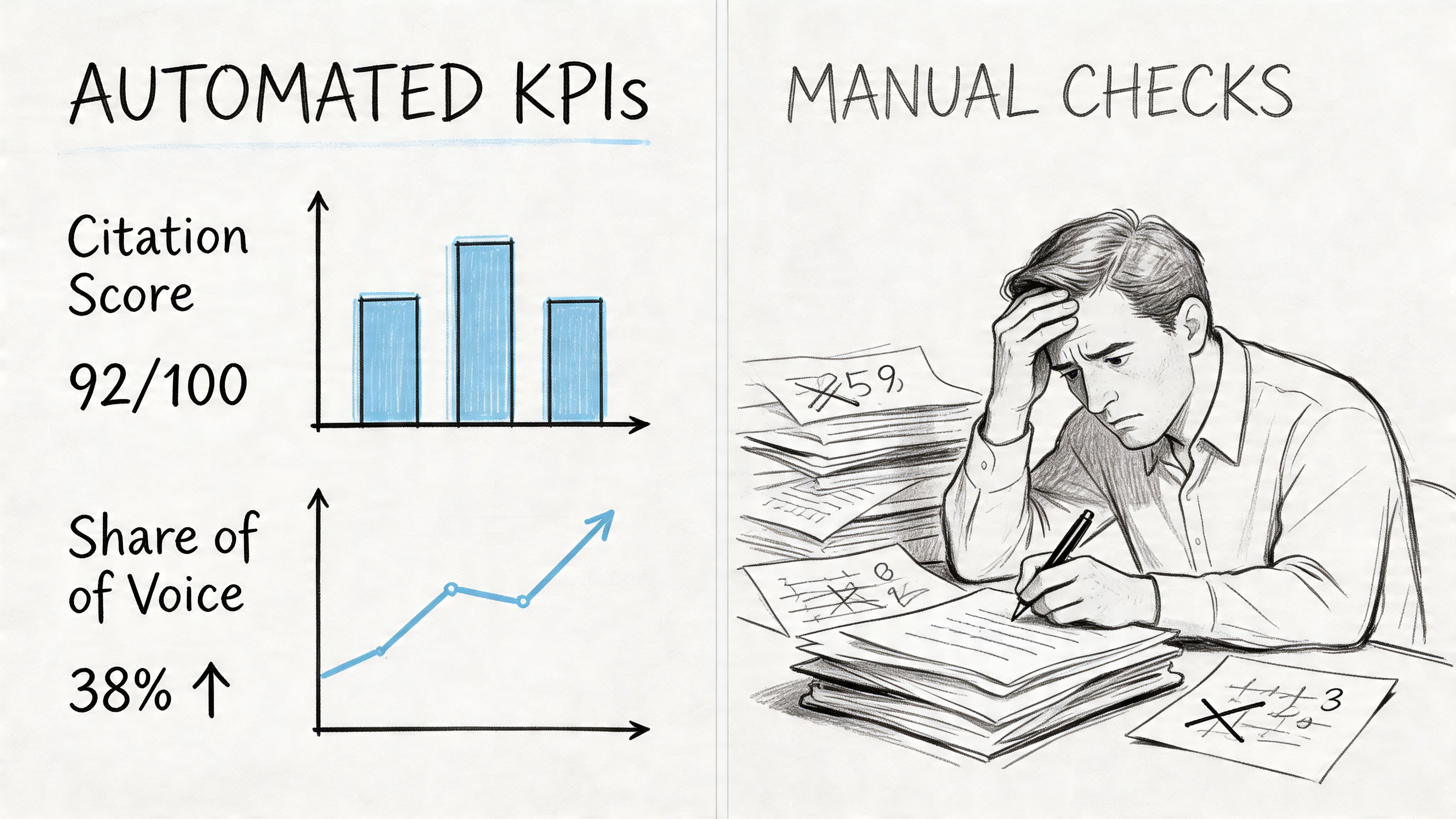 A comparison showing efficient automated KPIs versus a stressed worker overwhelmed by manual paper processes.