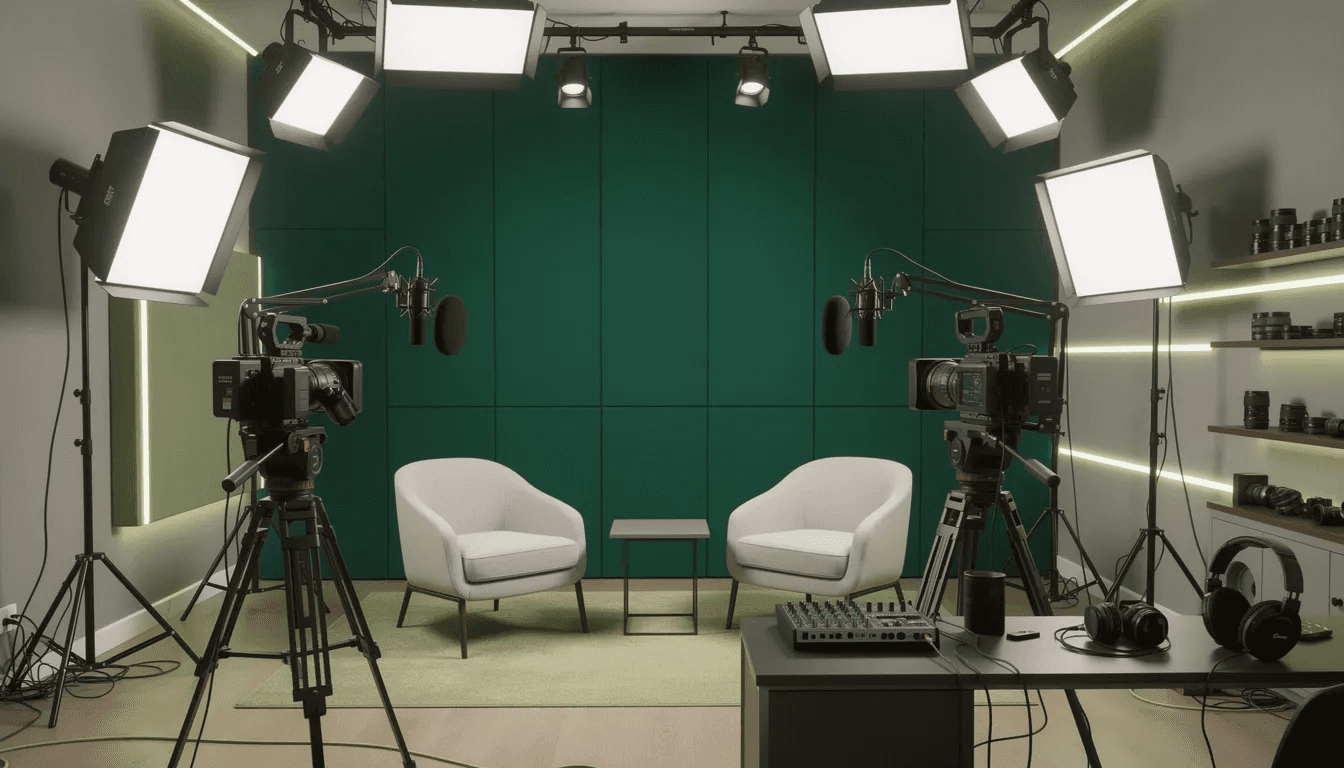 L'image montre un studio de production vidéo professionnel, avec des caméras haut de gamme et un éclairage sophistiqué, créant un environnement idéal pour les entrepreneurs et freelances souhaitant réaliser des podcasts et interviews de qualité. Les couleurs dominantes, vert forêt et lime acide, ajoutent une touche dynamique à cet espace dédié à la création de contenu.