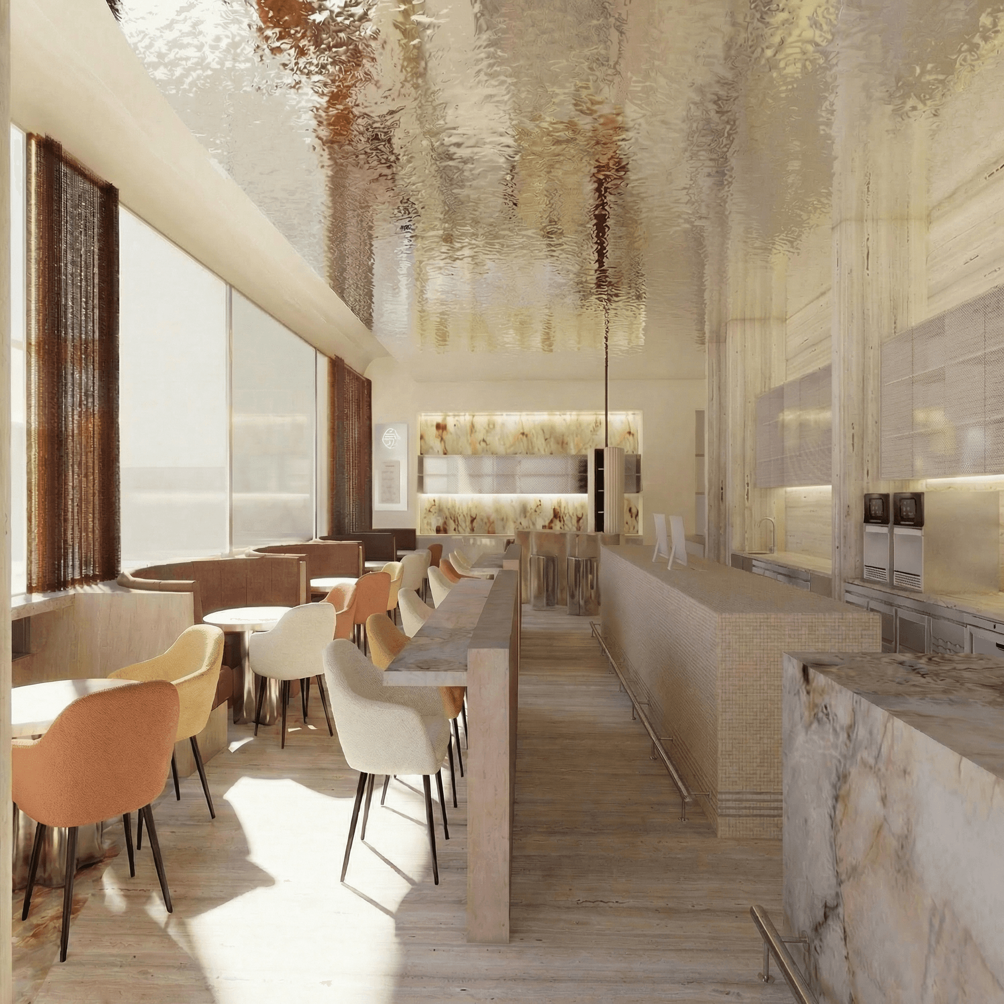 Warm-toned restaurant lounge with sculptural wooden ceiling panels, pendant lighting, caramel leather seating, and abstract wall art.