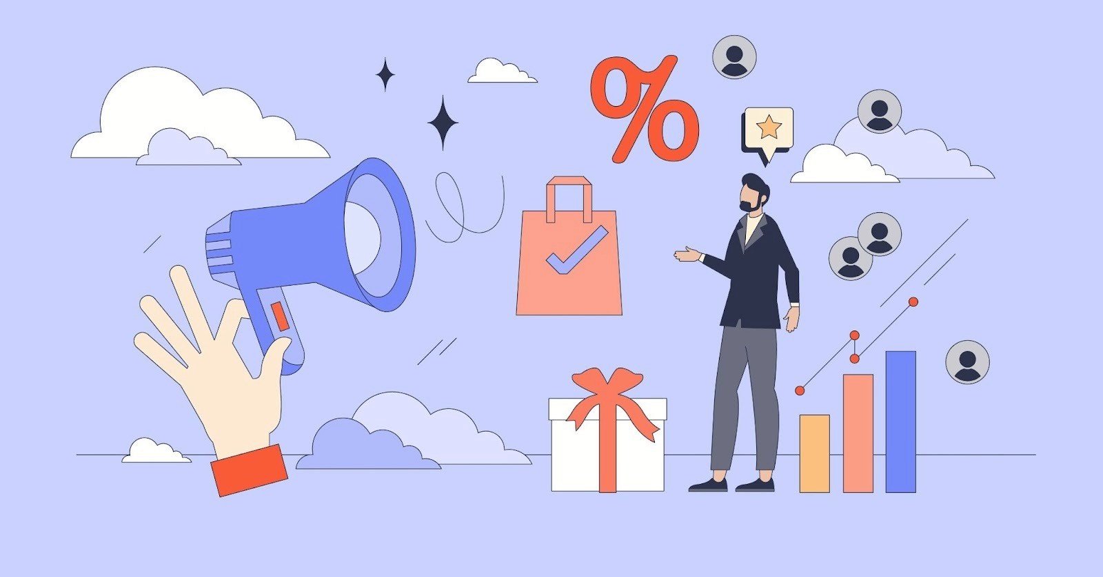 Marketer with megaphone promoting e-commerce offers with gifting, discounts, and audience growth chart