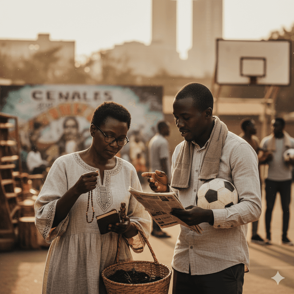 Three children jumping in burlap sacks during a race.