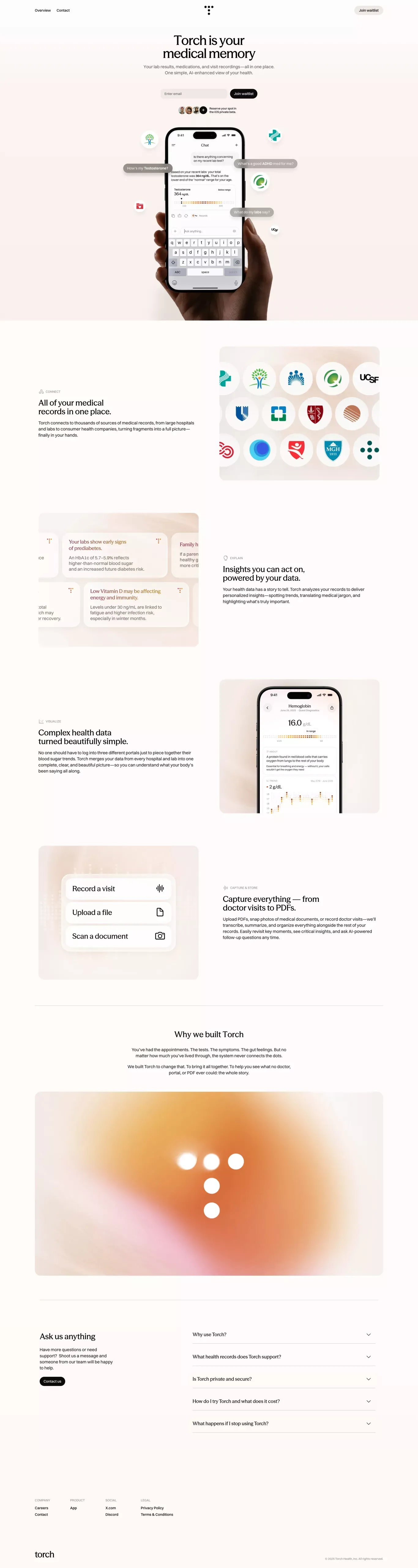 Torch - Track Medical Records landing page screenshot showcasing Health & Fitness and Medical design